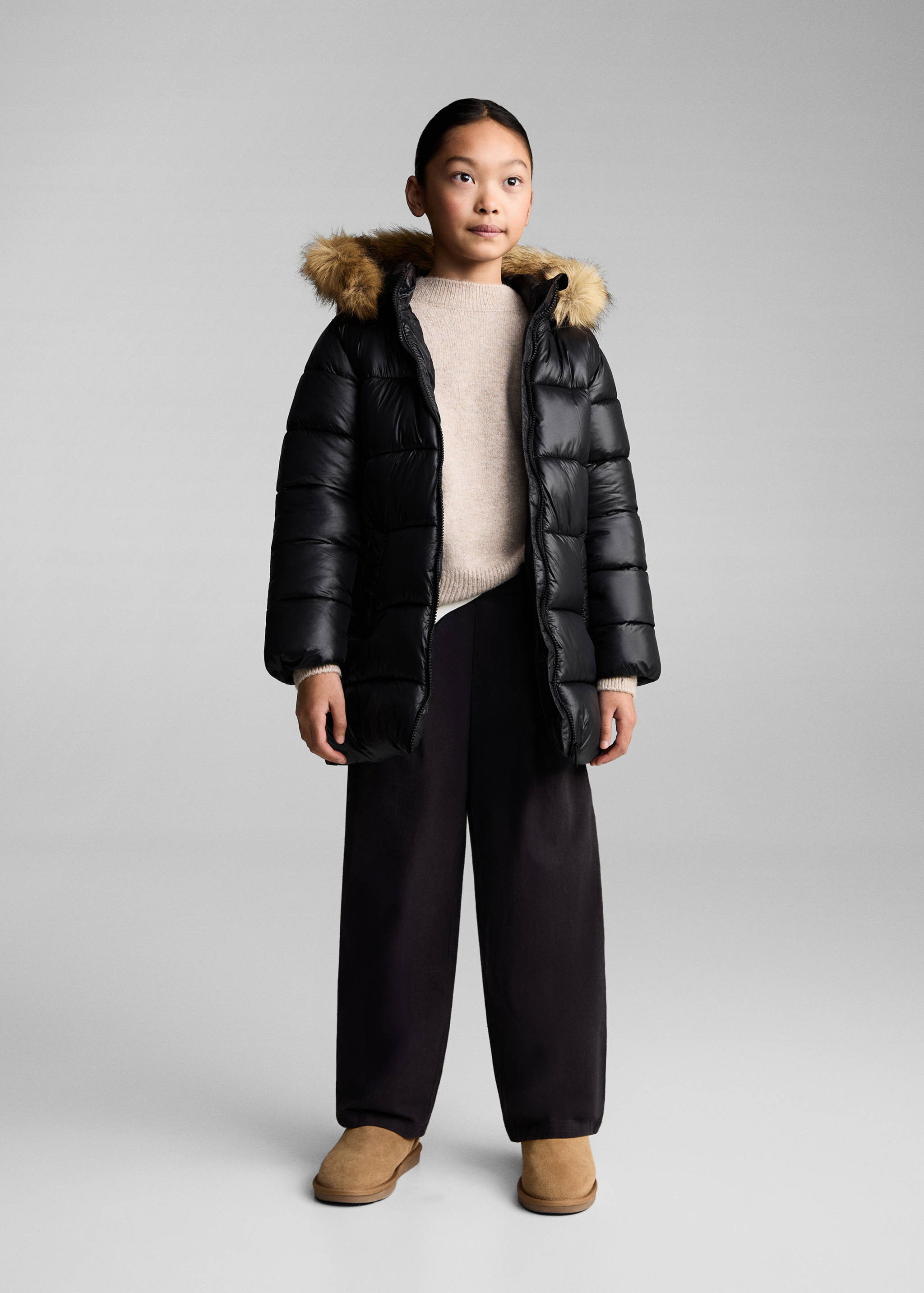 Puffer coat with fur-effect hood - General plane