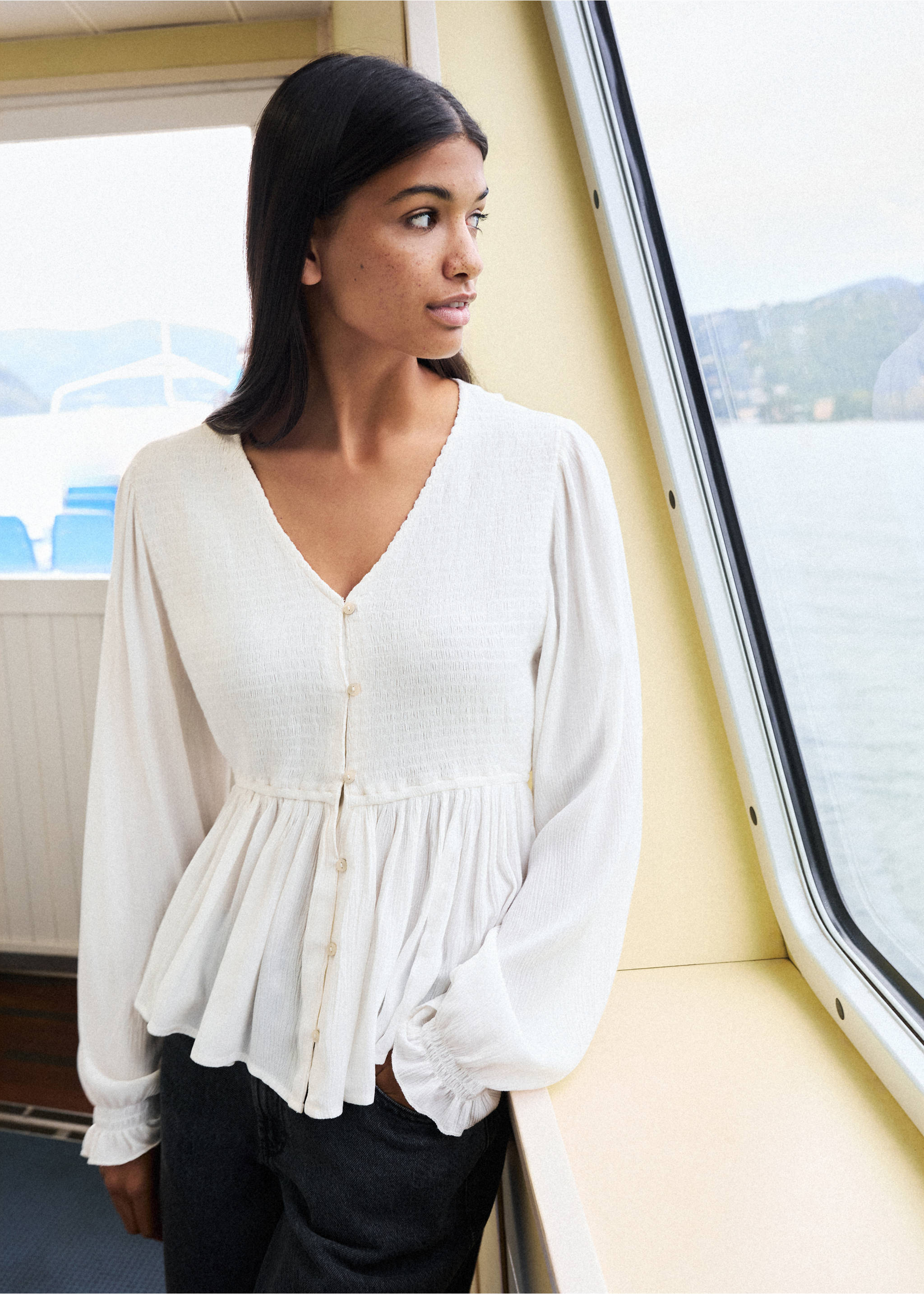 Ruched flowing blouse - Details of the article 5, Off White. Ref: 77047672-00.