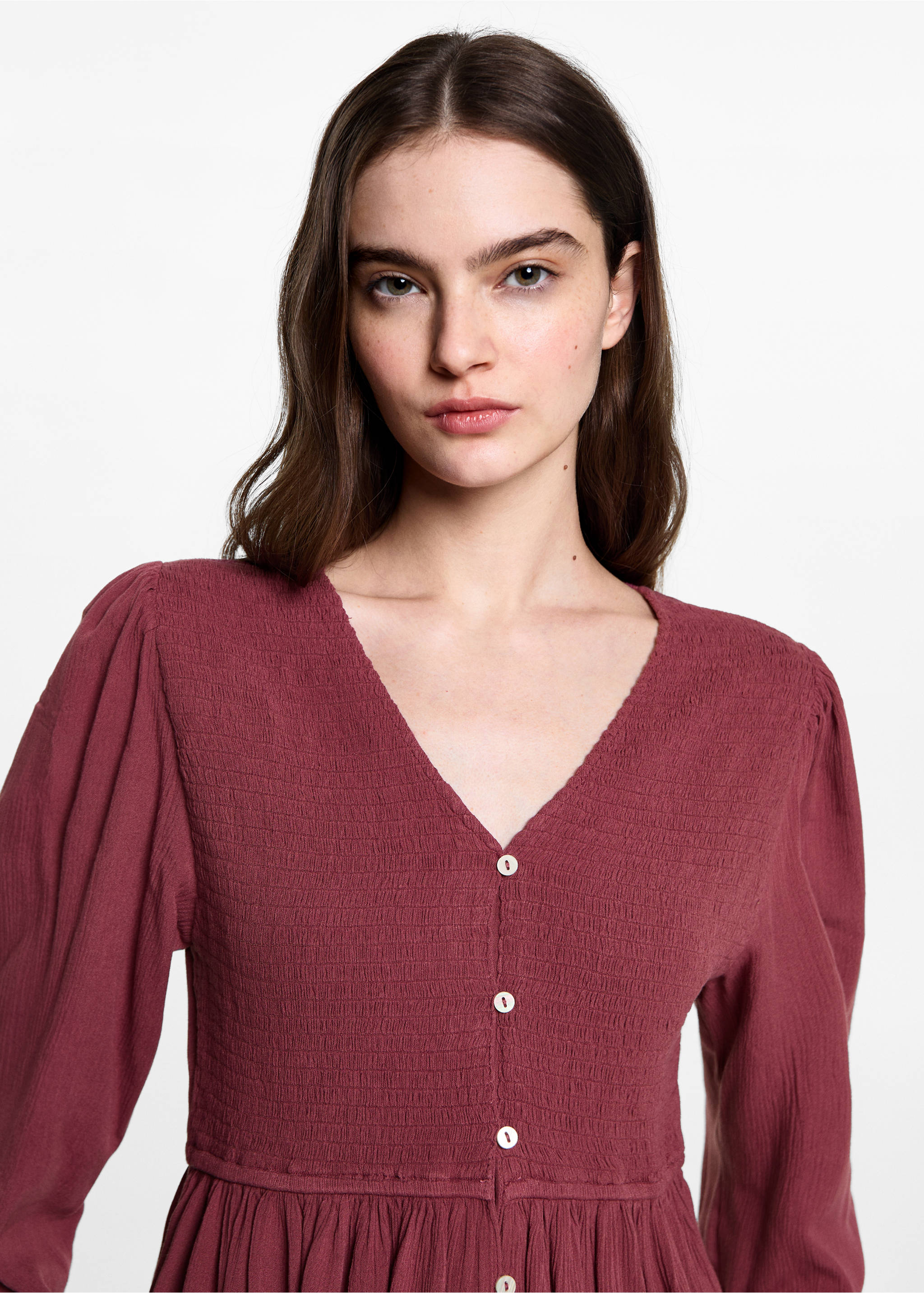 Ruched flowing blouse - Details of the article 1, Wine. Ref: 77047672-00.