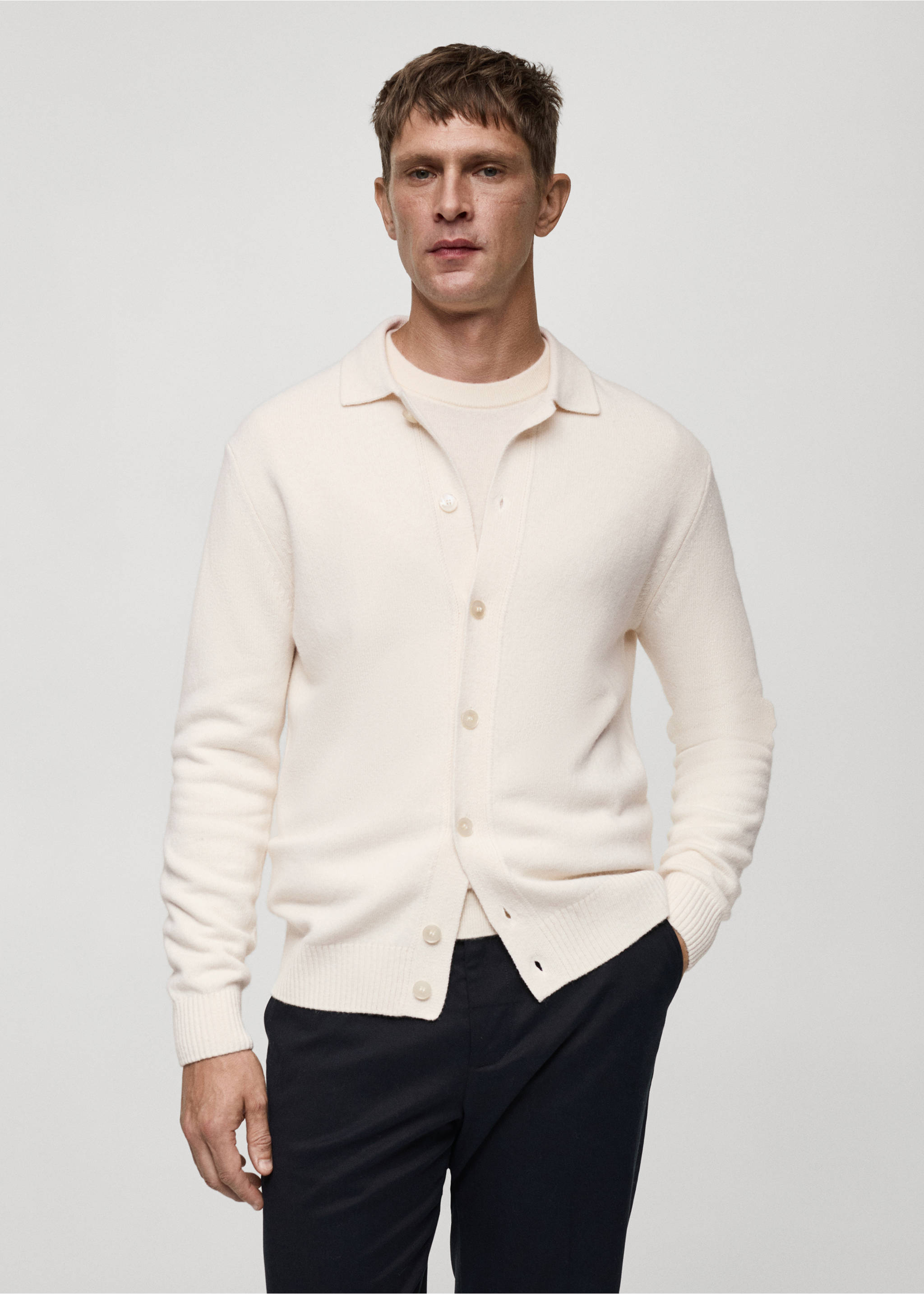 Rib-knit wool cardigan - Medium plane, Off White. Ref: 77047928-00.