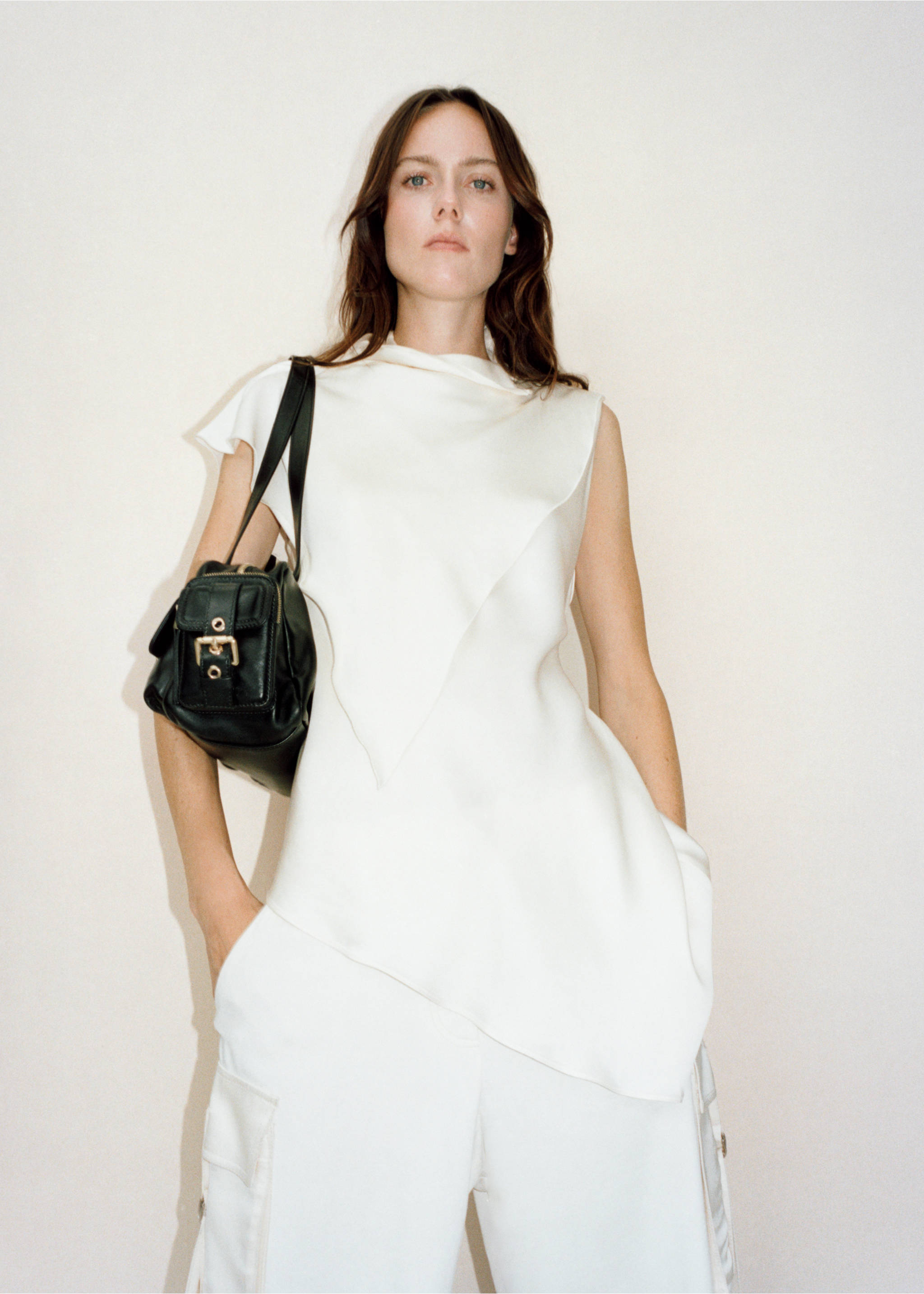 Asymmetric satin blouse - Details of the article 3, Off White. Ref: 77047936-00.