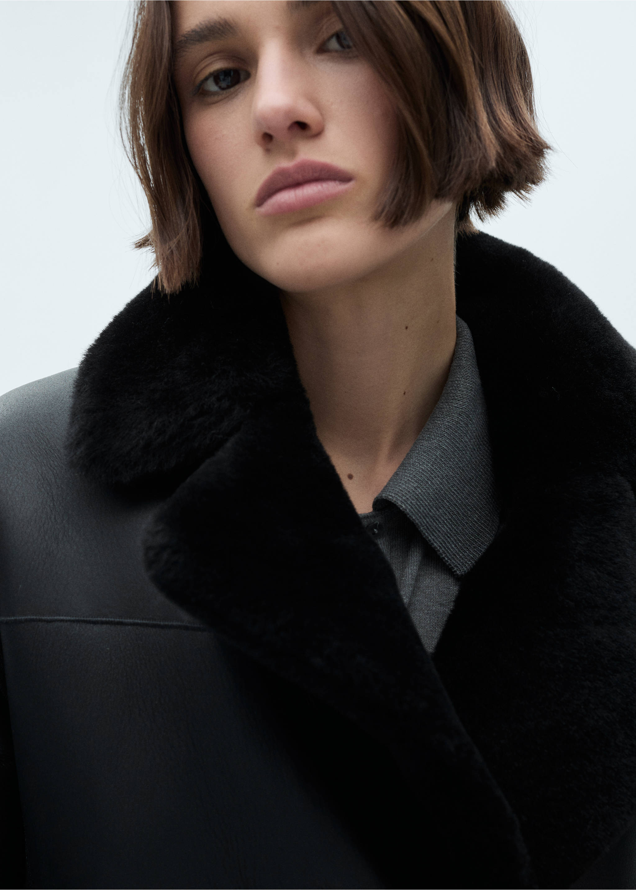 Double-breasted leather coat - Details of the article 1, Black. Ref: 77049064-00.