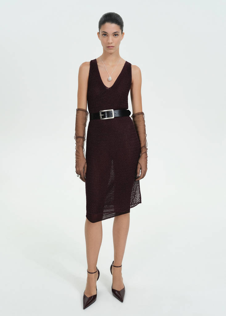 MANGO - Robe maille ajourée Lurex bordeaux - S