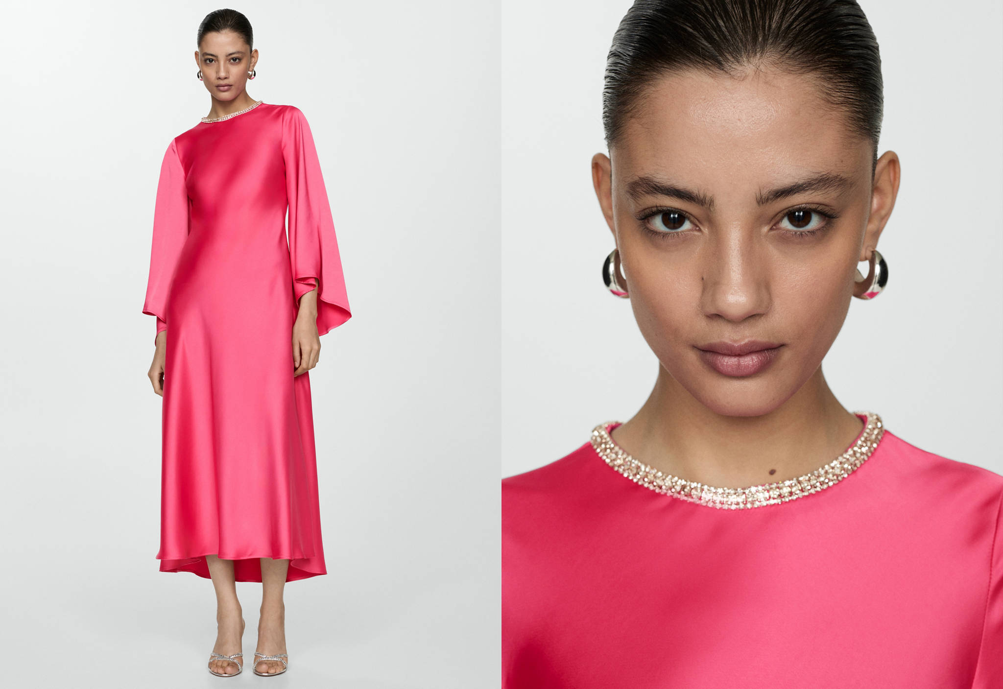 Flared-sleeve satin dress - Panoramic plane