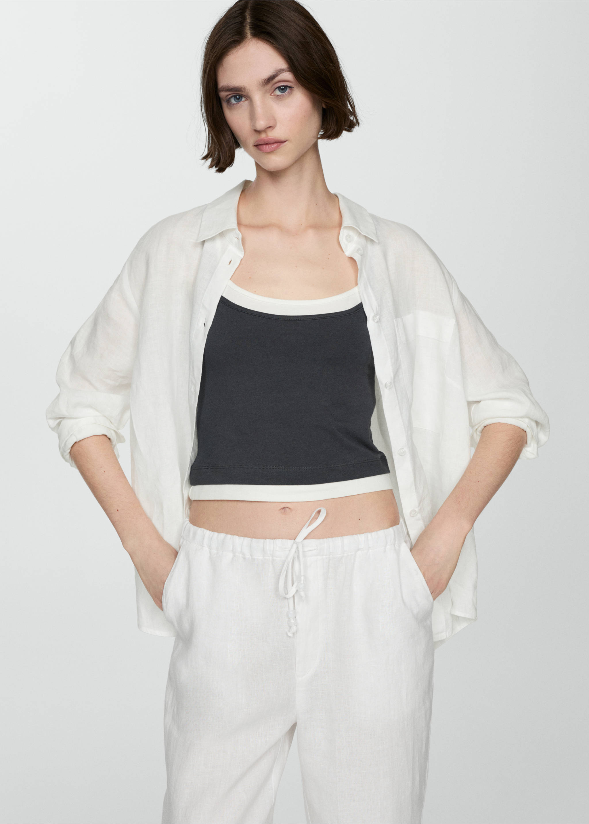 Linen jogger trousers - Details of the article 1, White. Ref: 77050332-00.