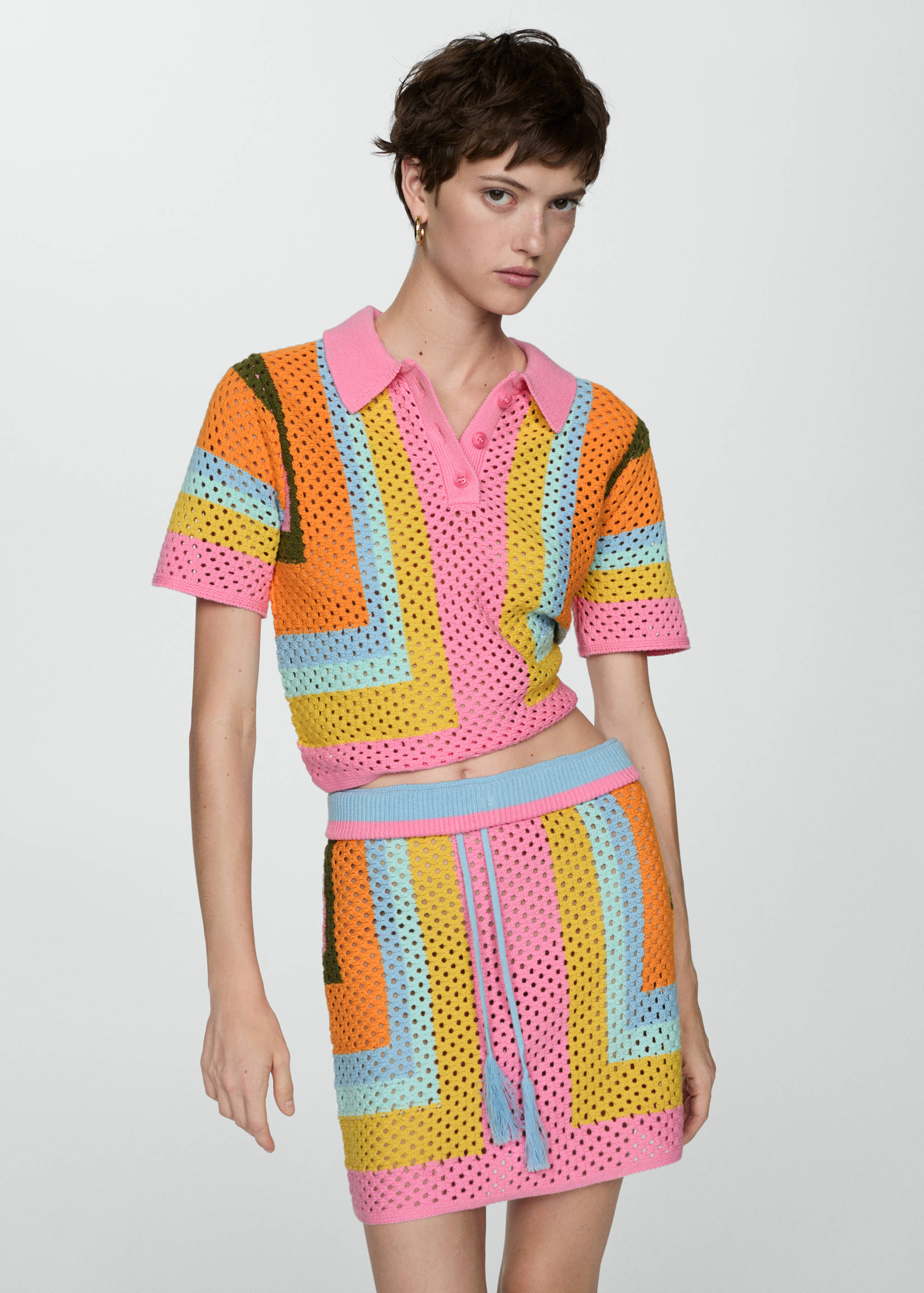 Short-sleeved crochet polo shirt - Medium plane
