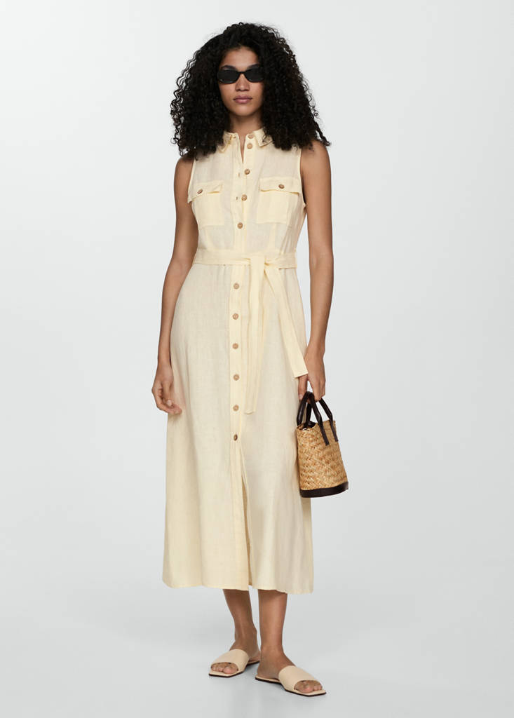 Linen-blend shirt dress — Pastel Yellow