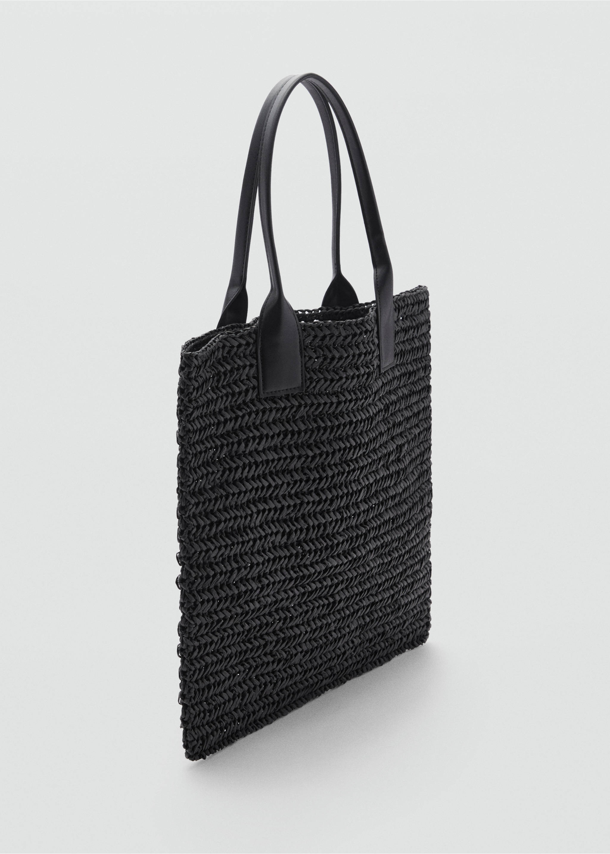 Black woven tote bag with slim shoulder straps in a three-quarter view., Black. Ref: 77050349-00.