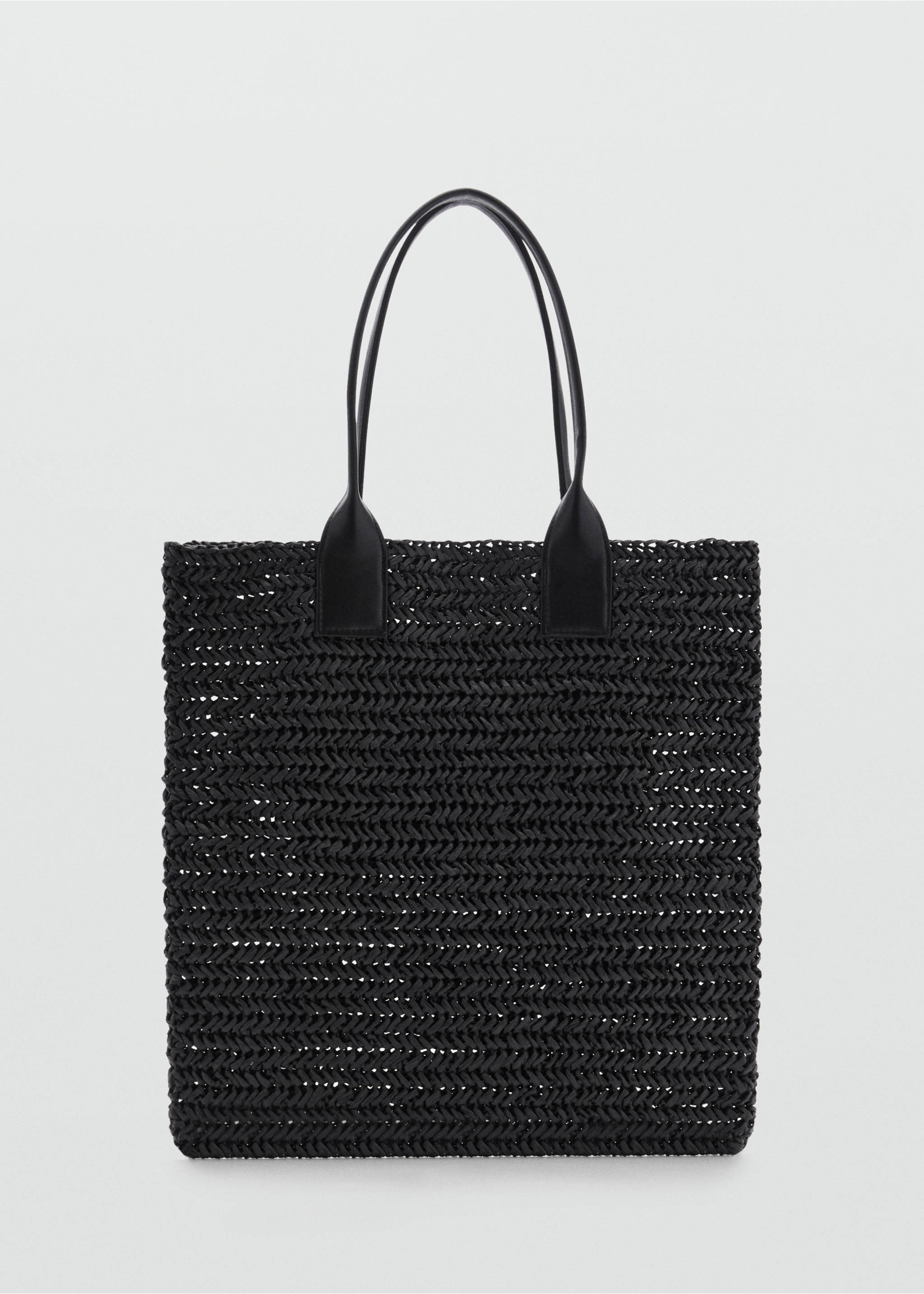 Black woven straw tote bag with tall shoulder straps., Black. Ref: 77050349-00.