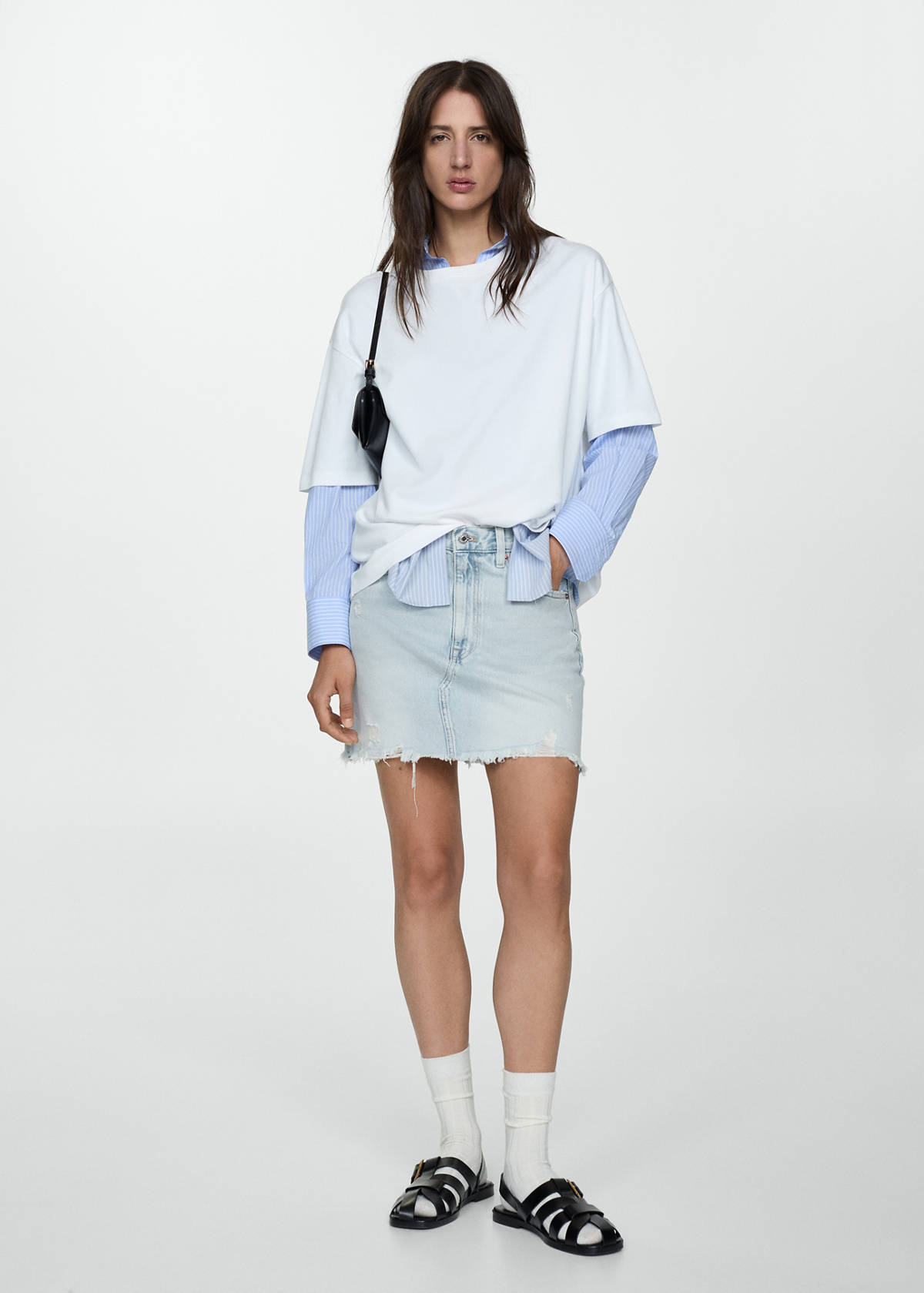 Denim miniskirt with frayed hem — Light Blue