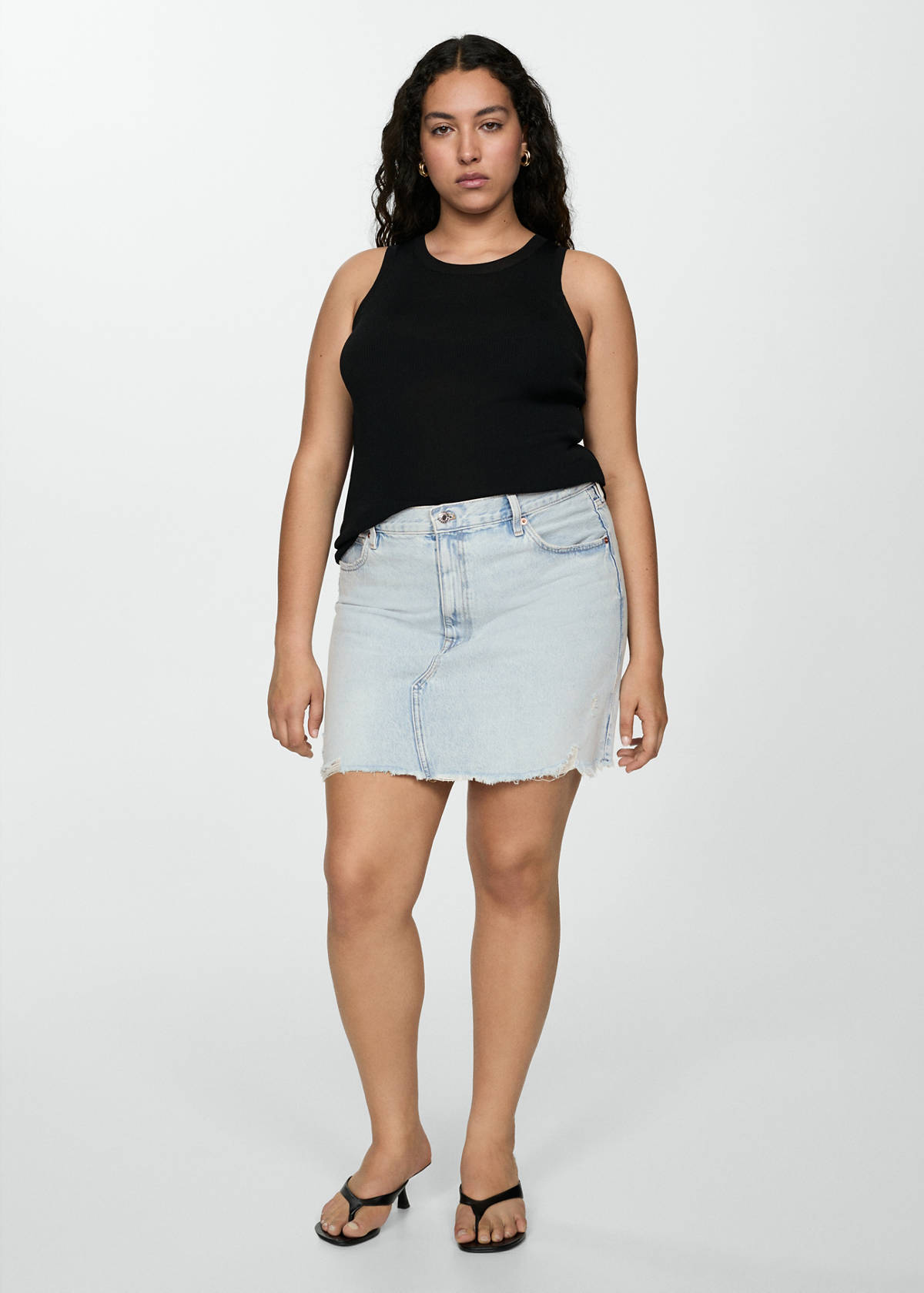 Denim miniskirt with frayed hem — Light Blue