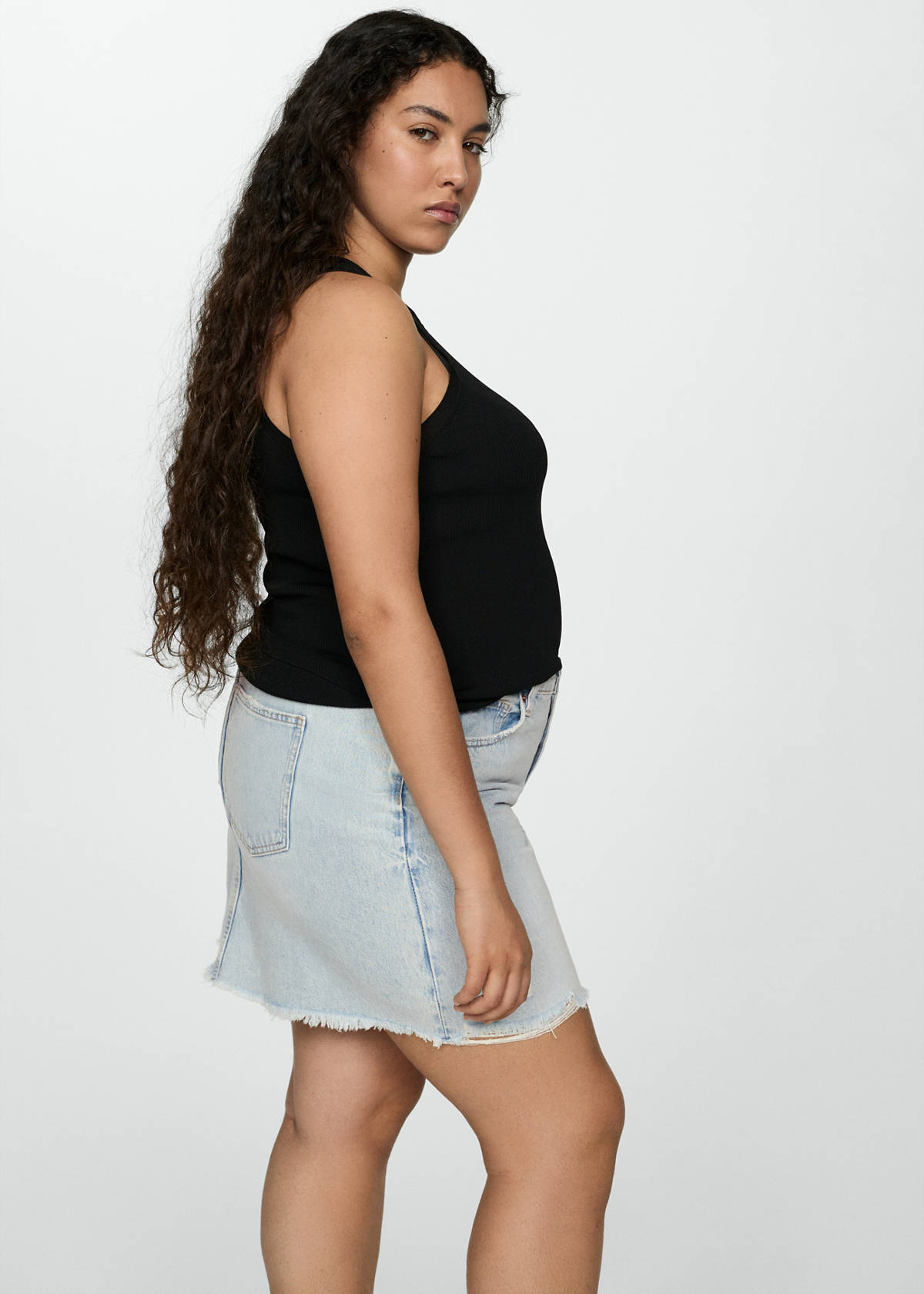 Denim miniskirt with frayed hem — Light Blue