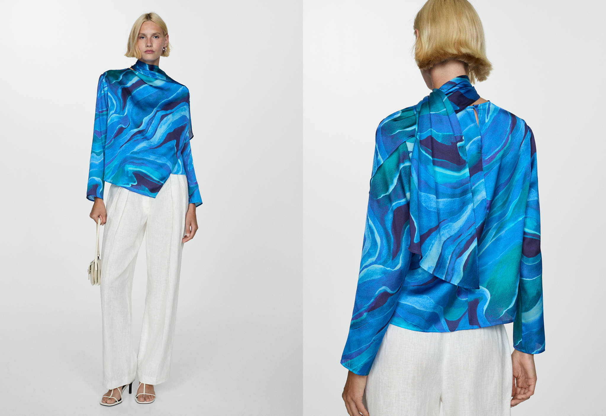 Satin printed blouse with draped neck - Panoramic plane