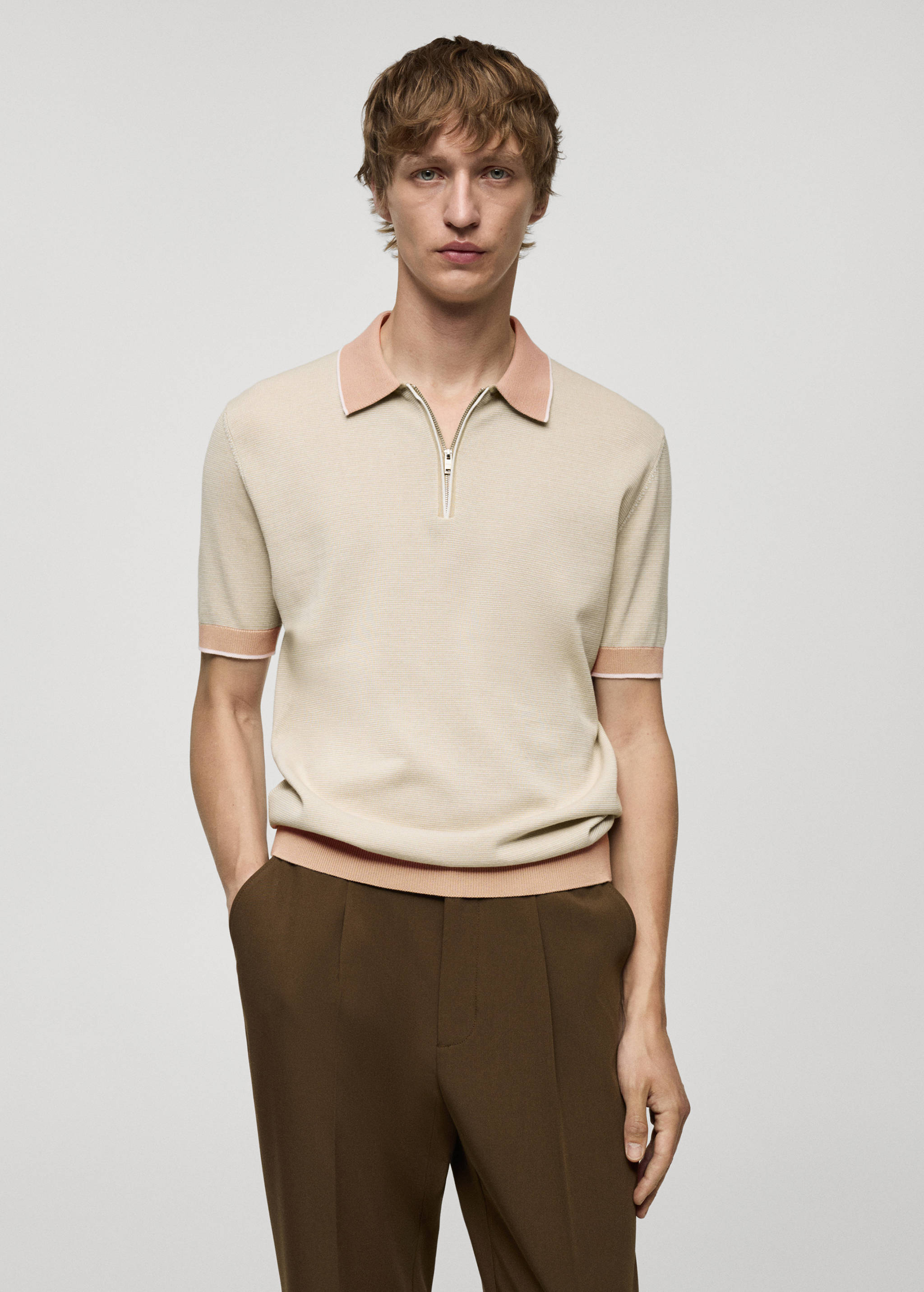 Cotton-knit polo shirt with zip - Medium plane