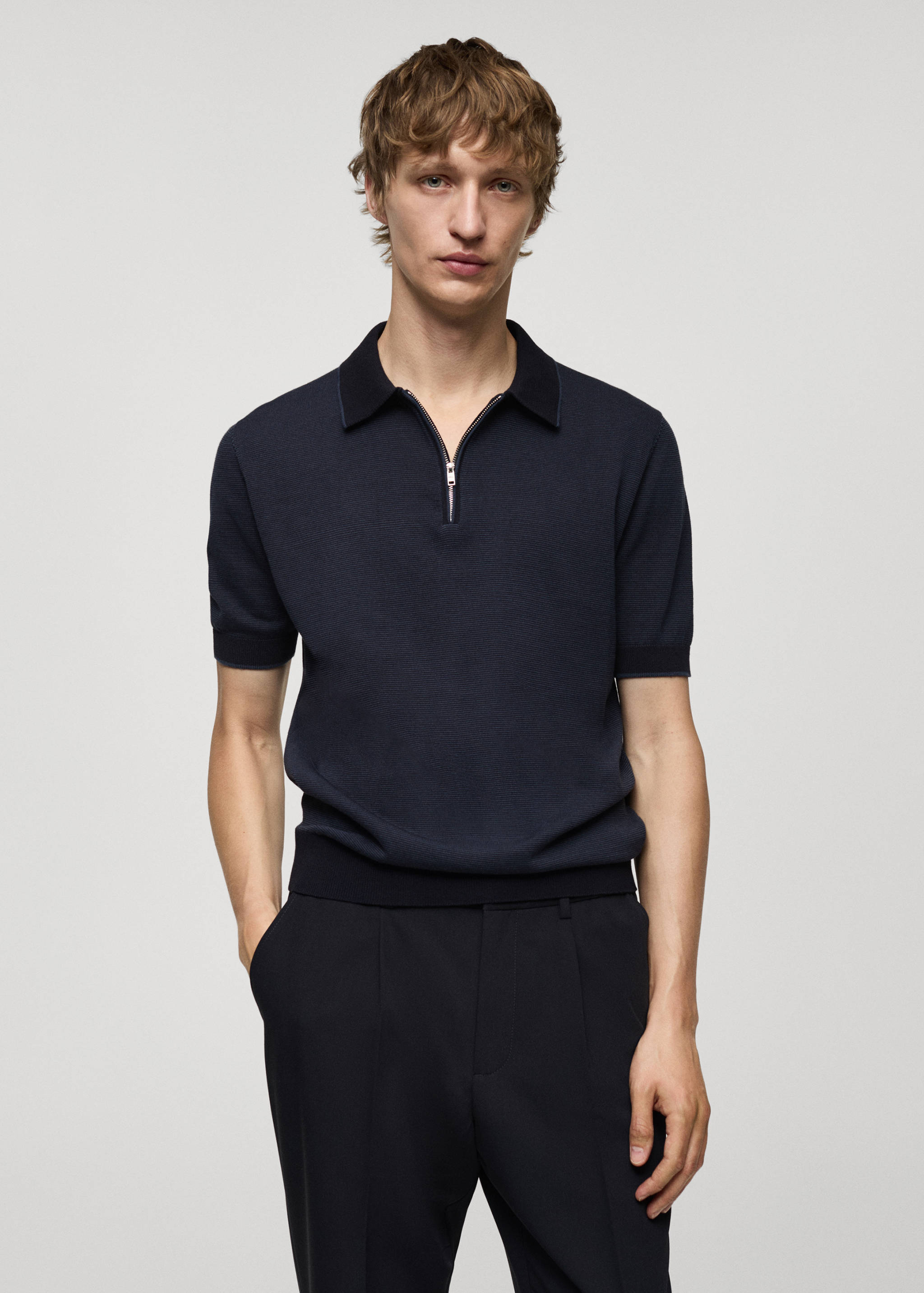 Cotton-knit polo shirt with zip - Medium plane