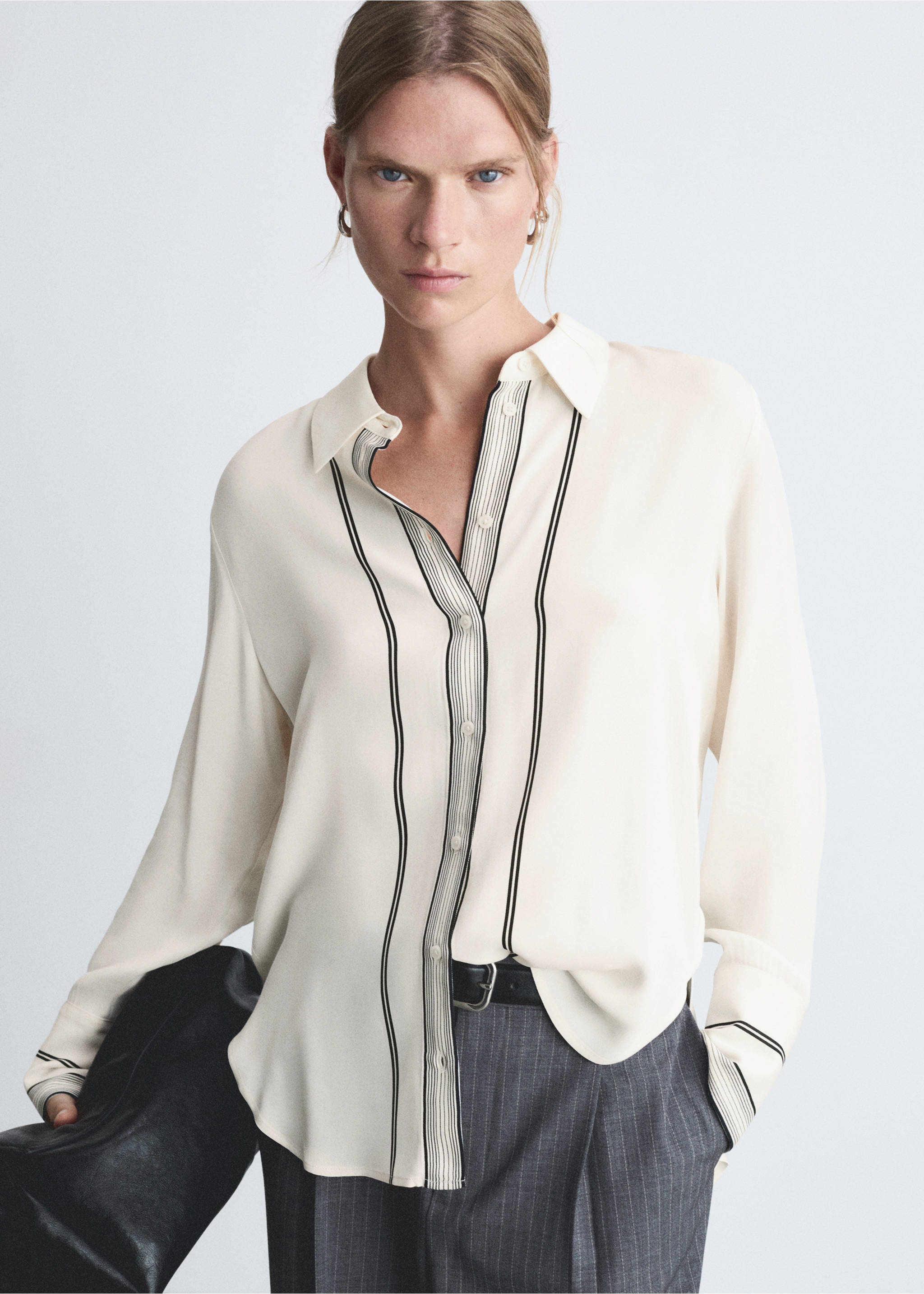 Off-white shirt with contrasting black vertical stripe trim and long sleeves., Off White. Ref: 77055643-00.
