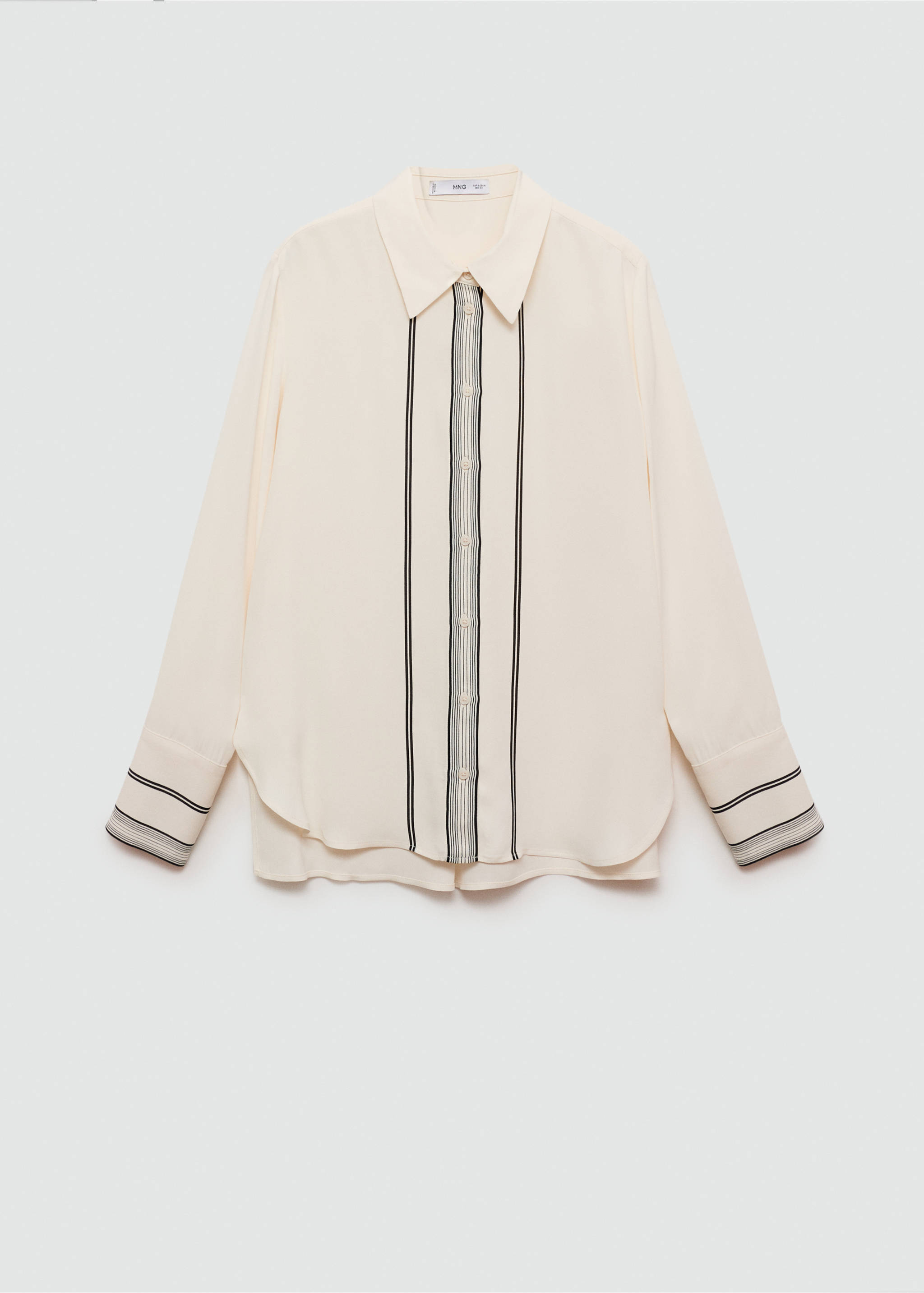 Cream long-sleeved shirt with a central striped panel, pointed collar, and striped cuffs., Off White. Ref: 77055643-00.