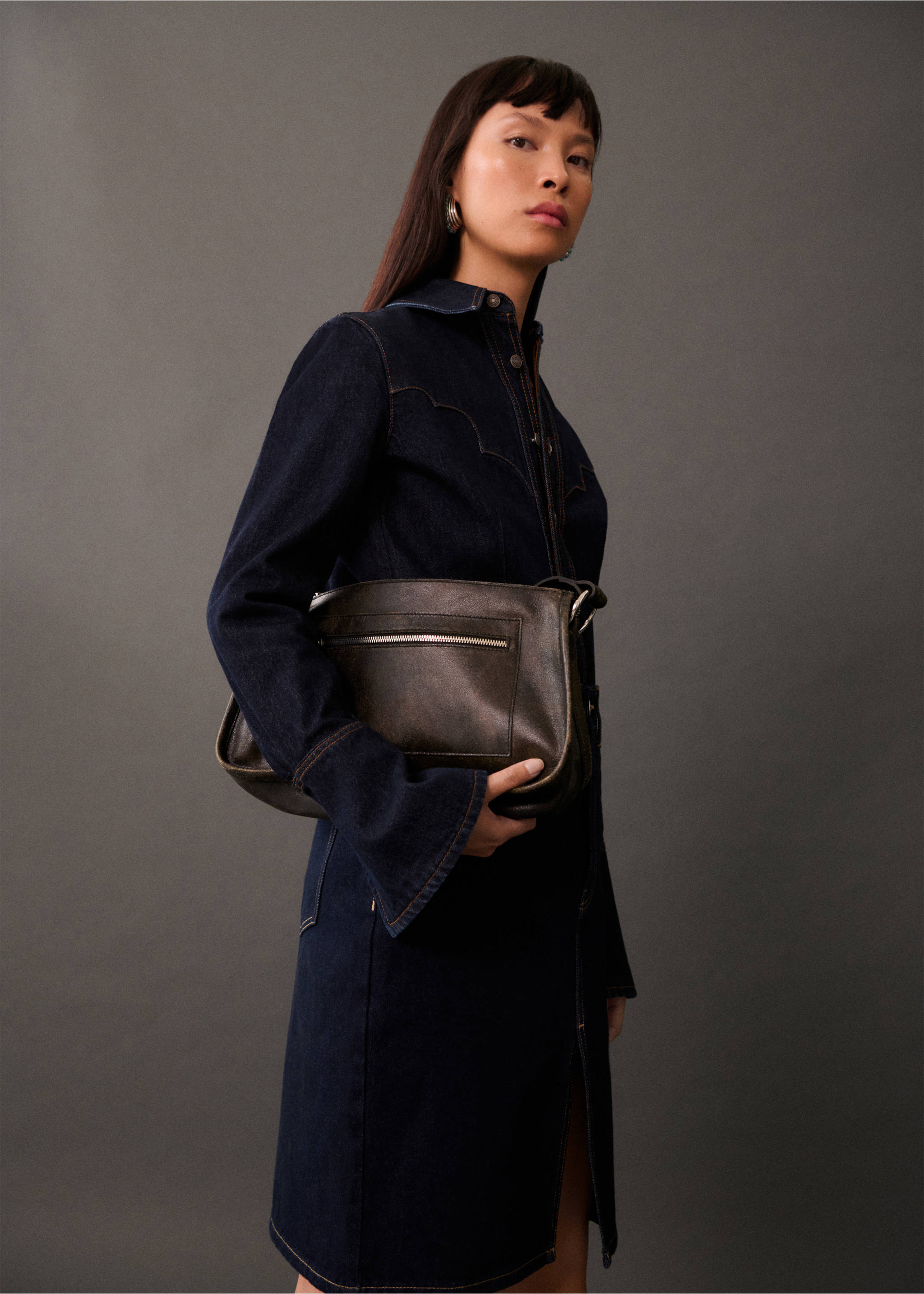 Rinse-wash denim midi-skirt - Medium plane, Open Blue. Ref: 77055657-00.