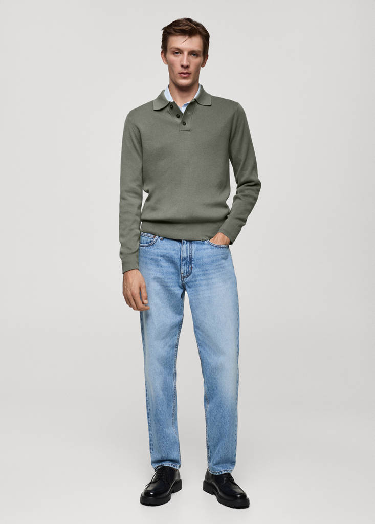 Fine cotton-knit polo sweater — Forest Green