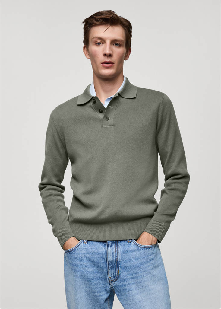 Fine cotton-knit polo sweater — Forest Green