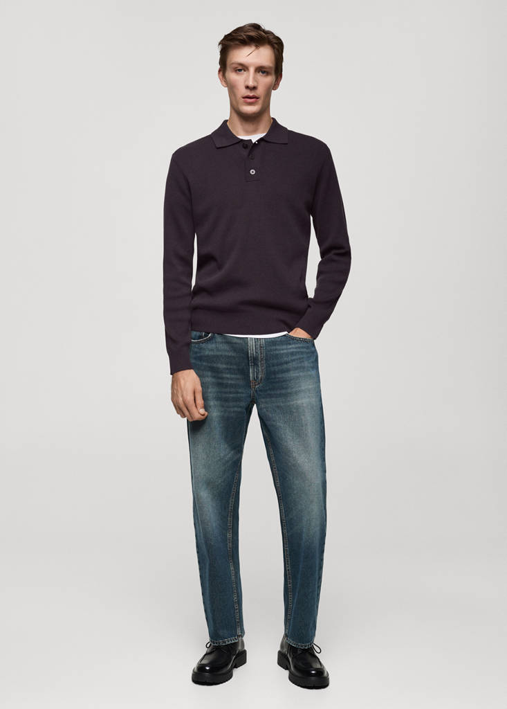 Fine cotton-knit polo sweater — Purple