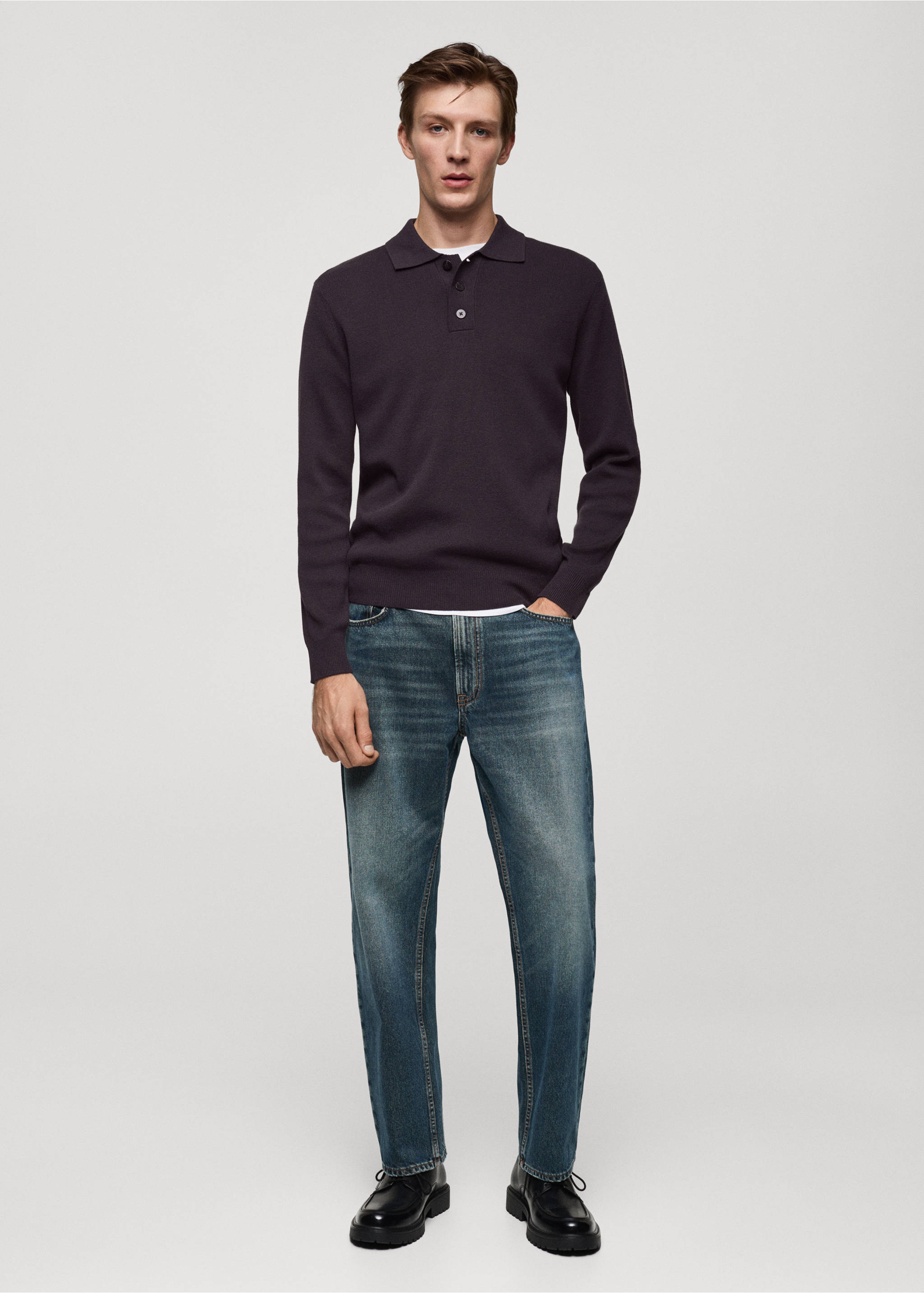 Fine cotton-knit polo sweater - General plane, Purple. Ref: 77055973-00.