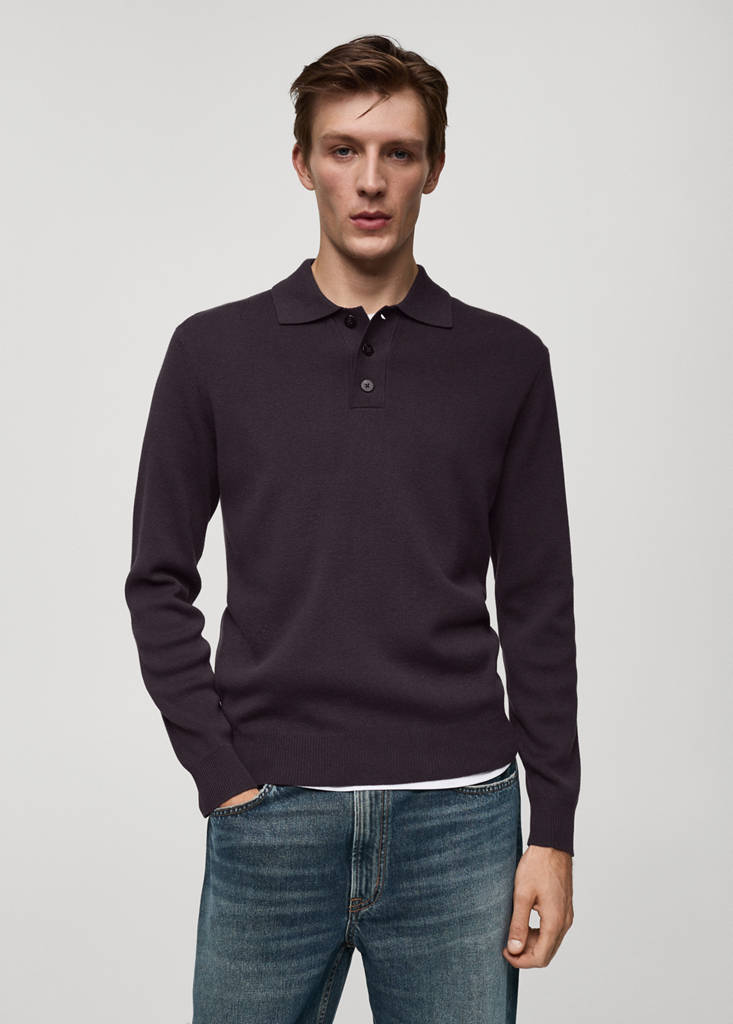 Fine cotton-knit polo sweater — Purple