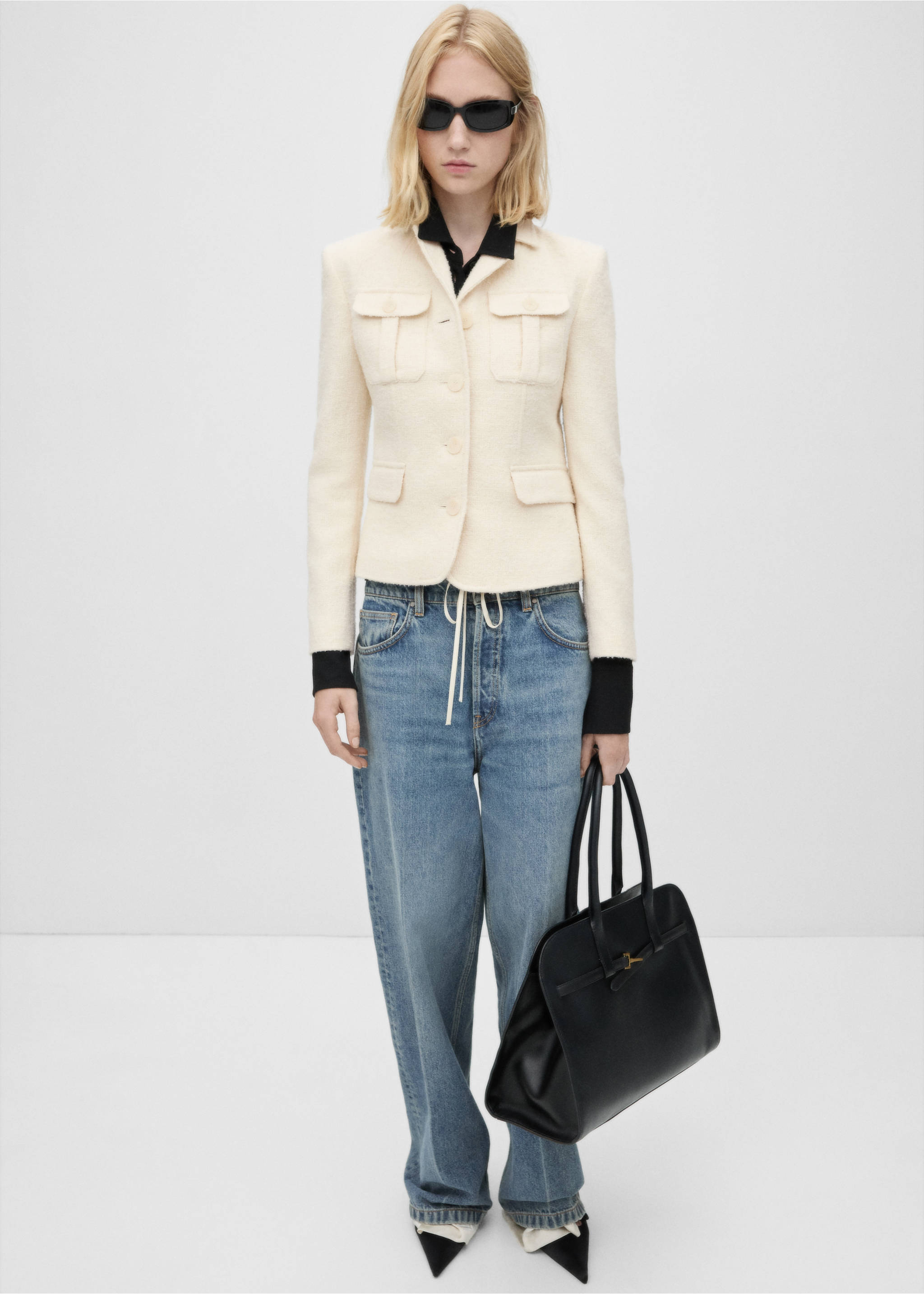 Tweed jacket with pockets - Общий план, Экрю. Ref: 77056759-00.