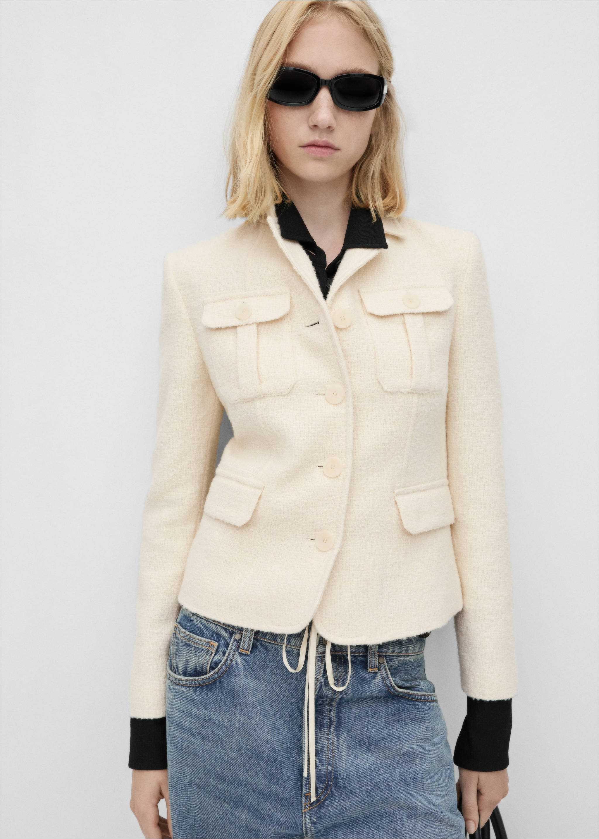 Tweed jacket with pockets - Средний план, Экрю. Ref: 77056759-00.