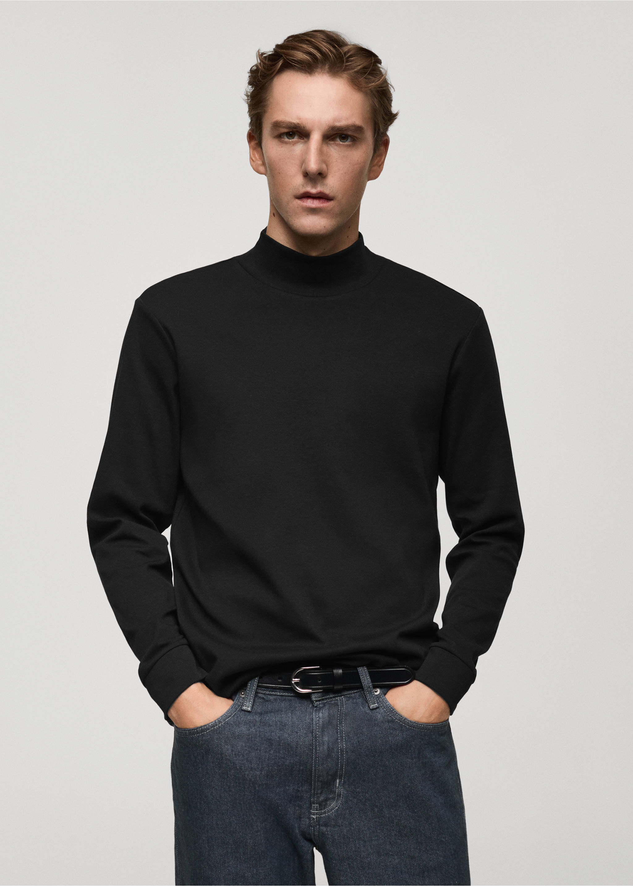 Camiseta algodón cuello perkins - Plano medio, Negro. Ref: 77057932-00.