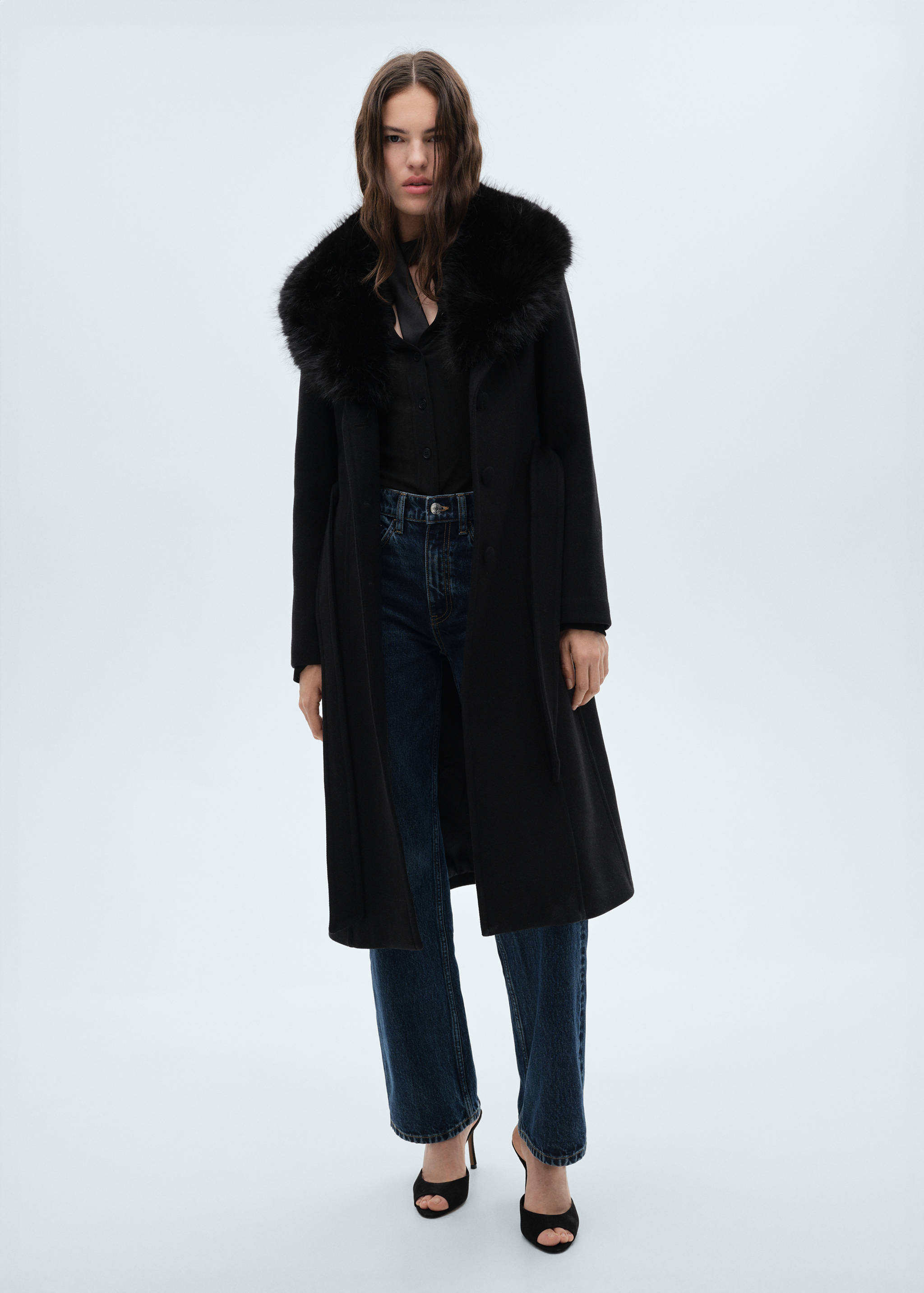 Detachable wool coat with fur-effect collar - General plane