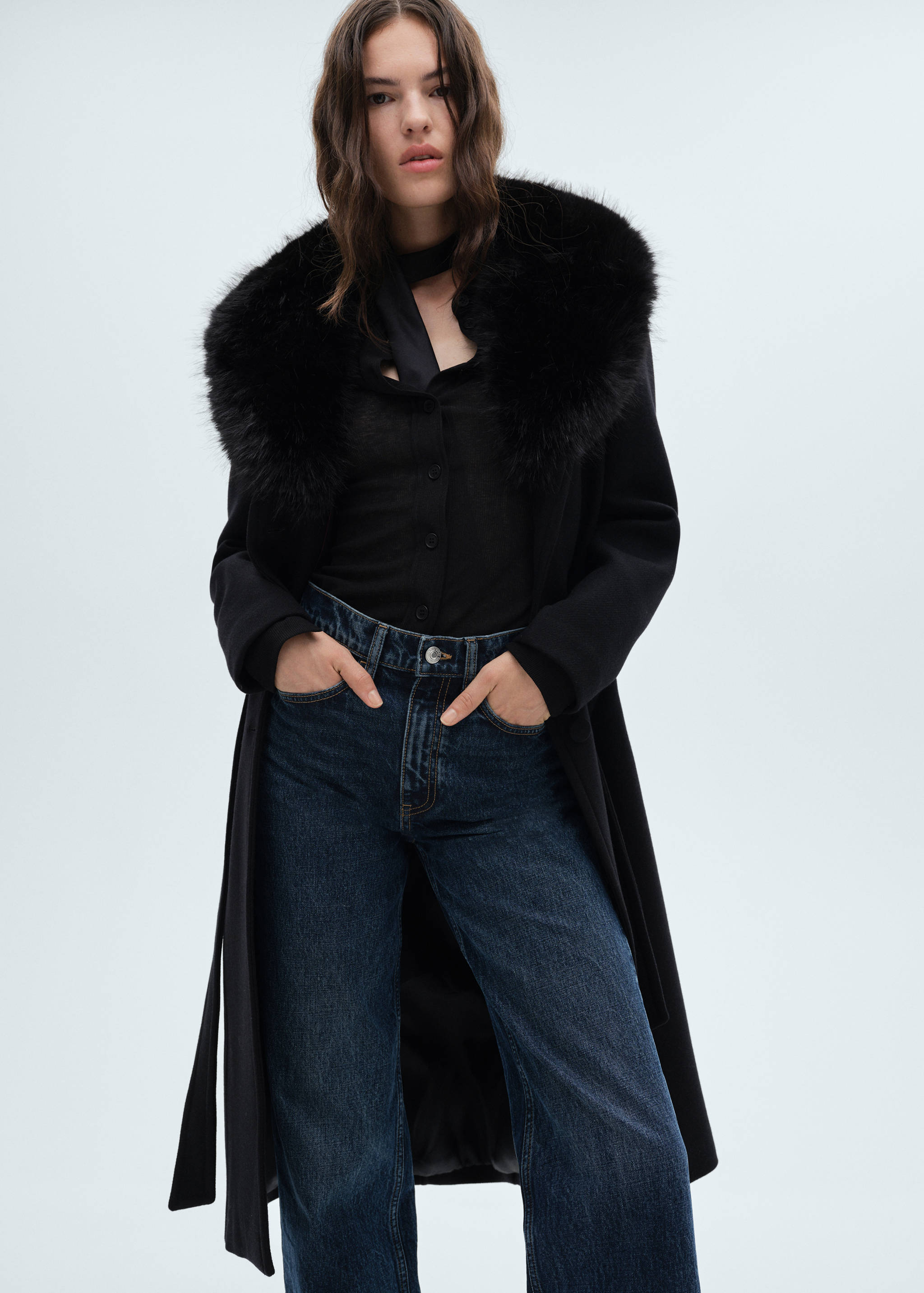 Detachable wool coat with fur-effect collar - Medium plane