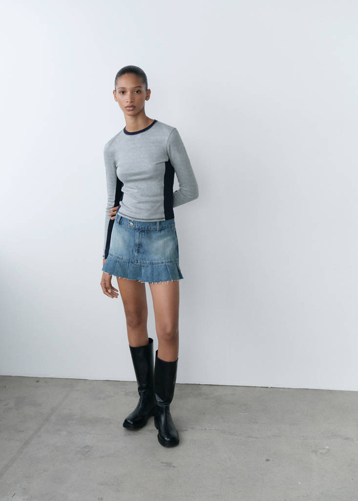 Pleated denim mini-skirt — Blue