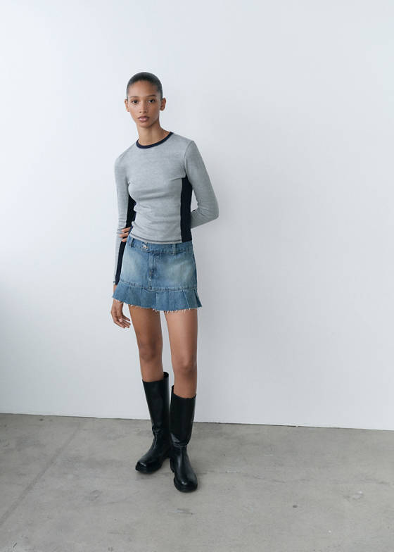 Pileli denim mini etek