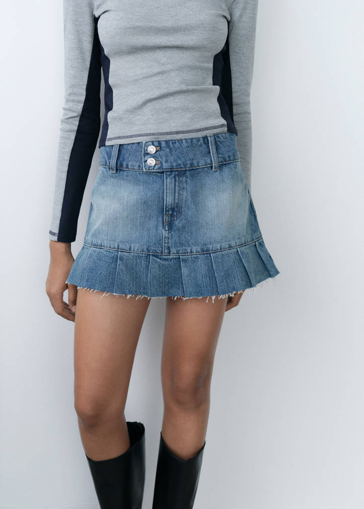 Pleated denim mini-skirt — Blue