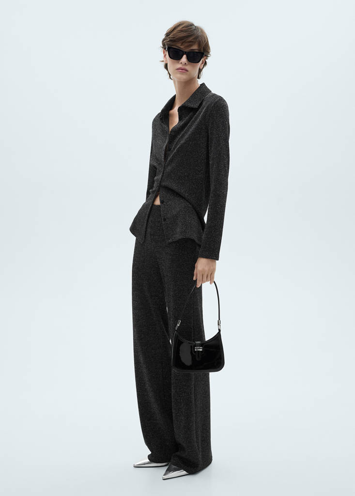 MANGO - Pantalon évasé maille Lurex gris - S