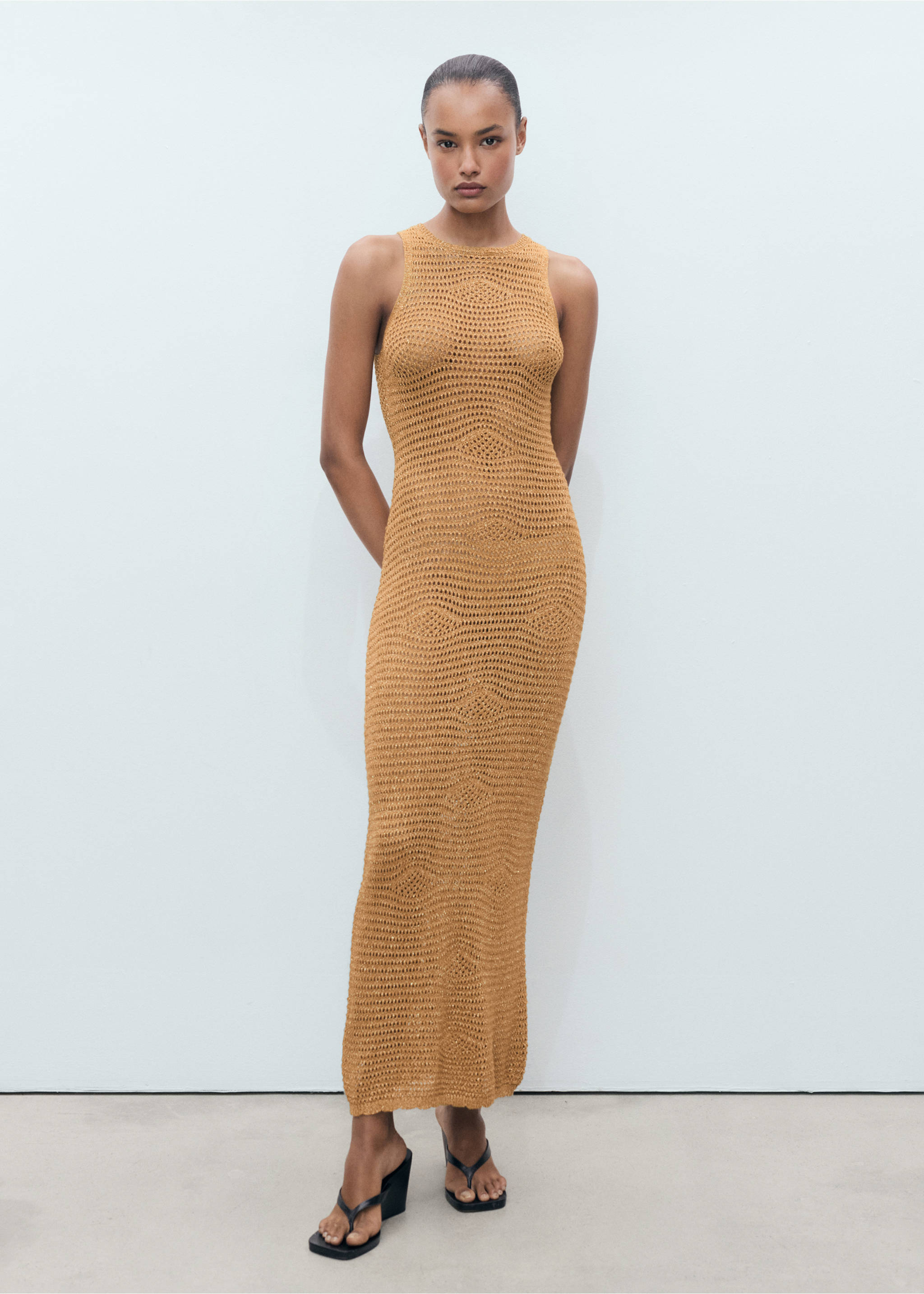 Long lurex crochet dress - General plane, Gold. Ref: 77060341-00.