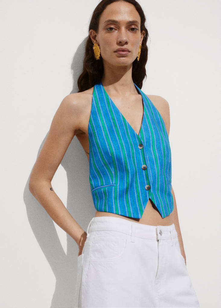 Linen stripe-printed waistcoat — Blue