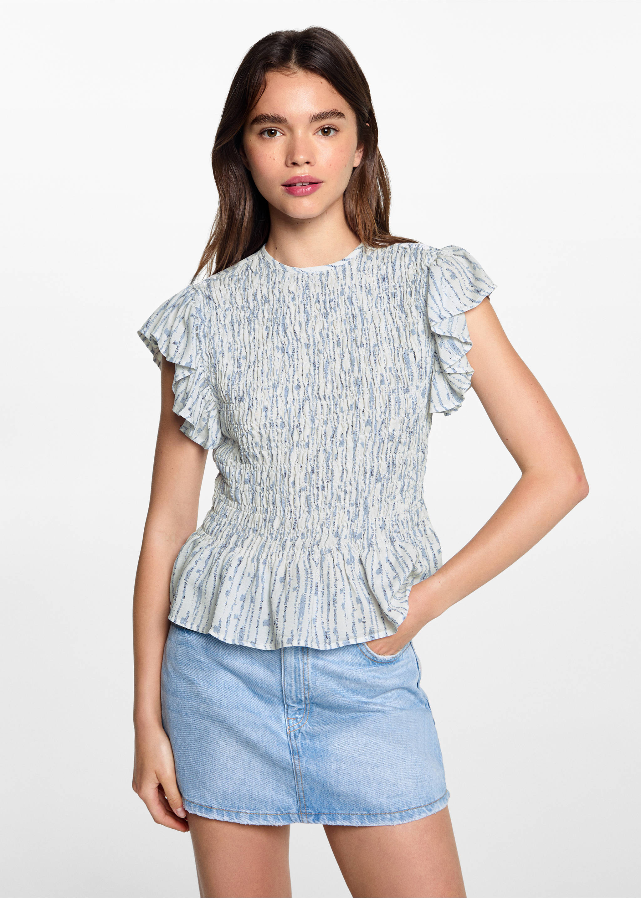 Frilled-sleeve ruched blouse - Medium plane, Off White. Ref: 77060639-00.