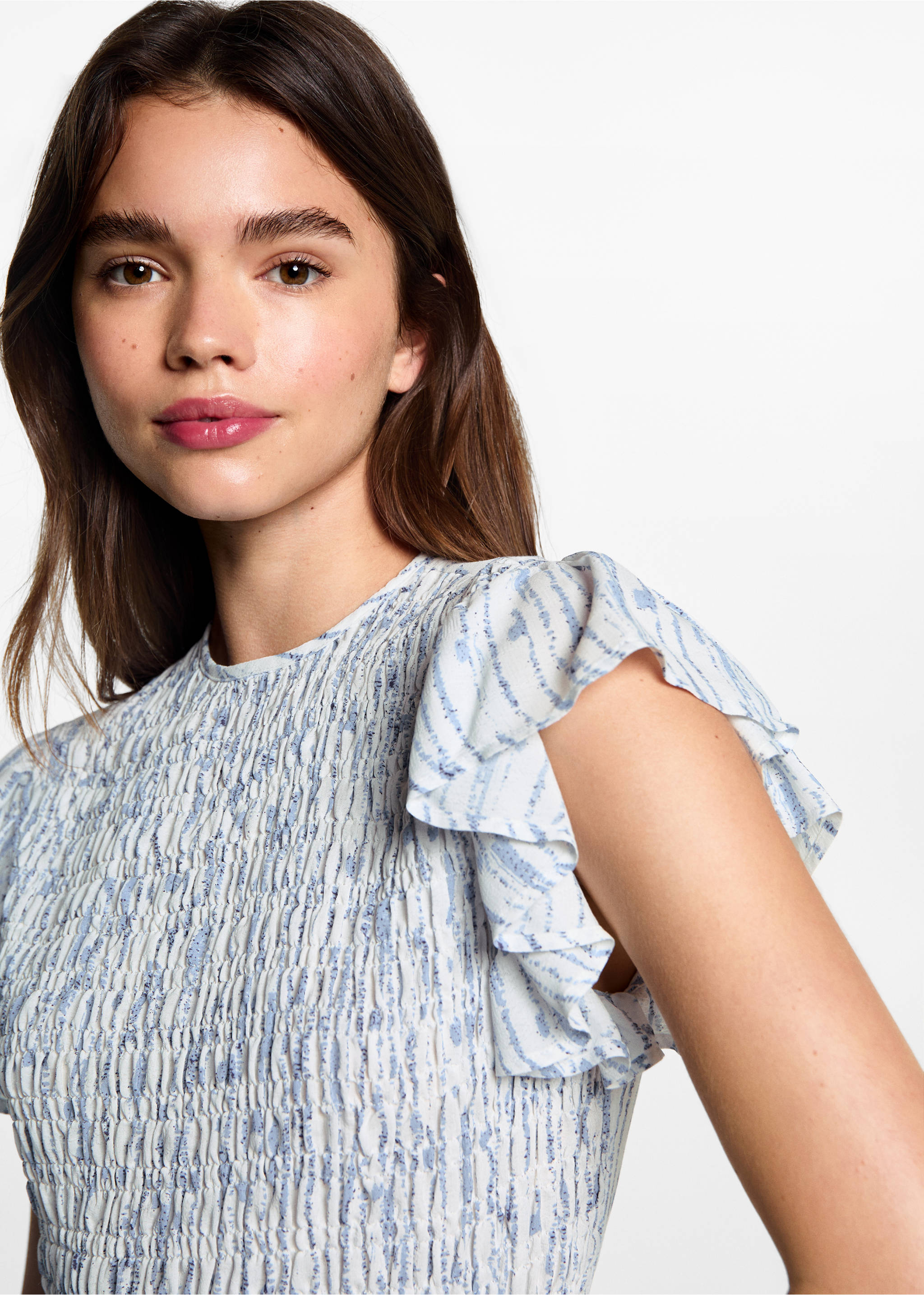 Frilled-sleeve ruched blouse - Details of the article 1, Off White. Ref: 77060639-00.
