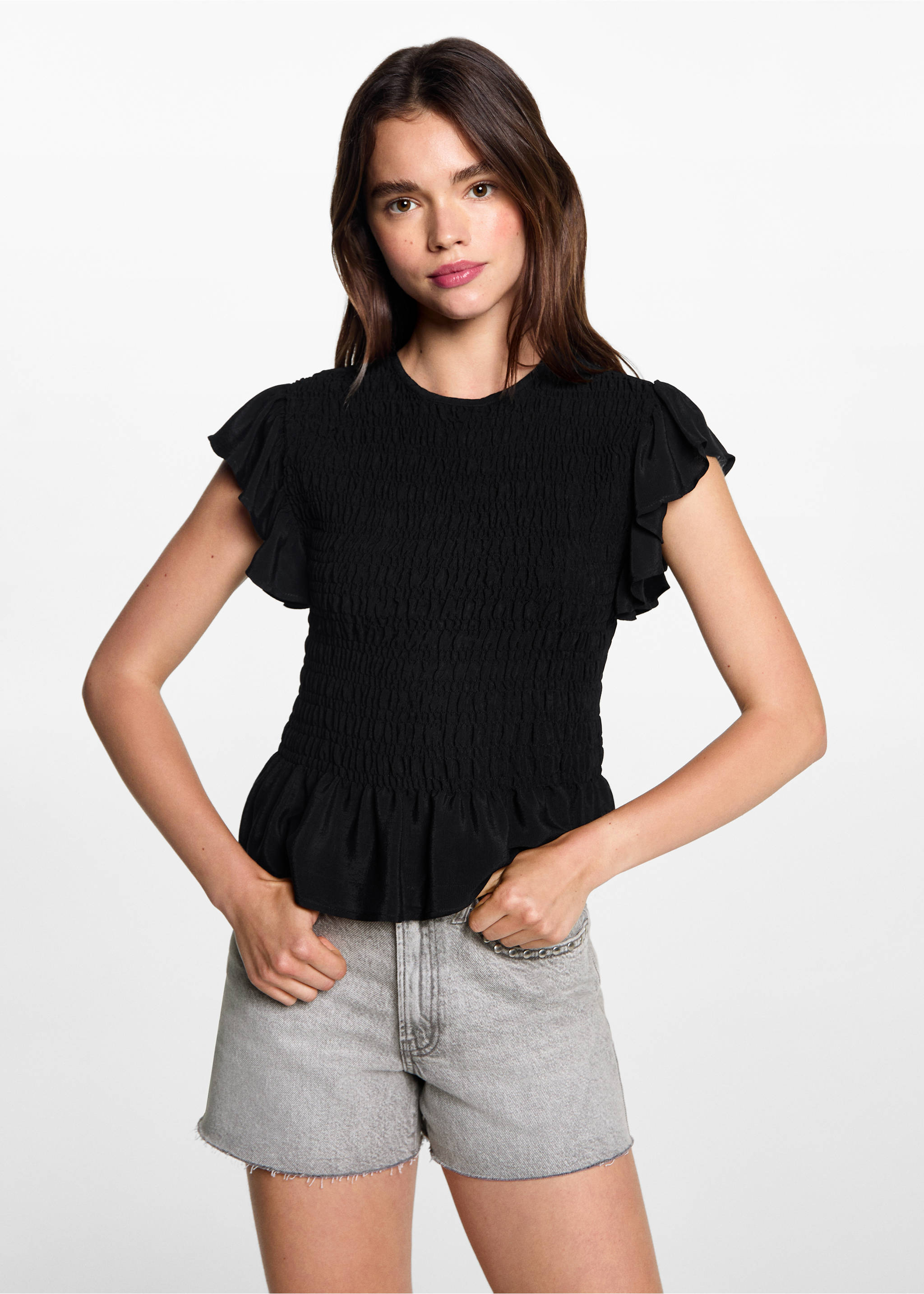 Frilled-sleeve ruched blouse - Medium plane, Black. Ref: 77060639-00.