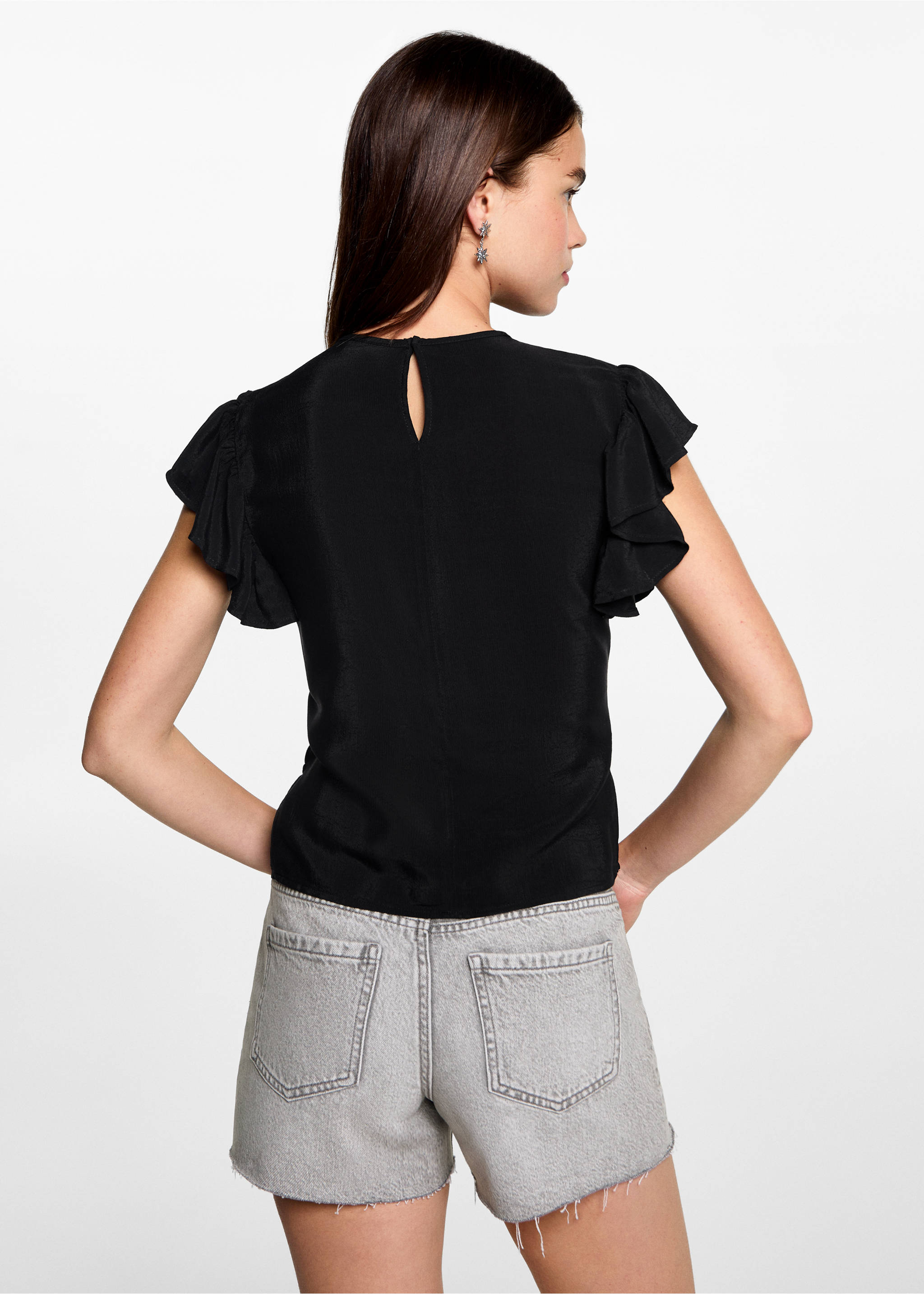 Frilled-sleeve ruched blouse - Reverse of the article, Black. Ref: 77060639-00.