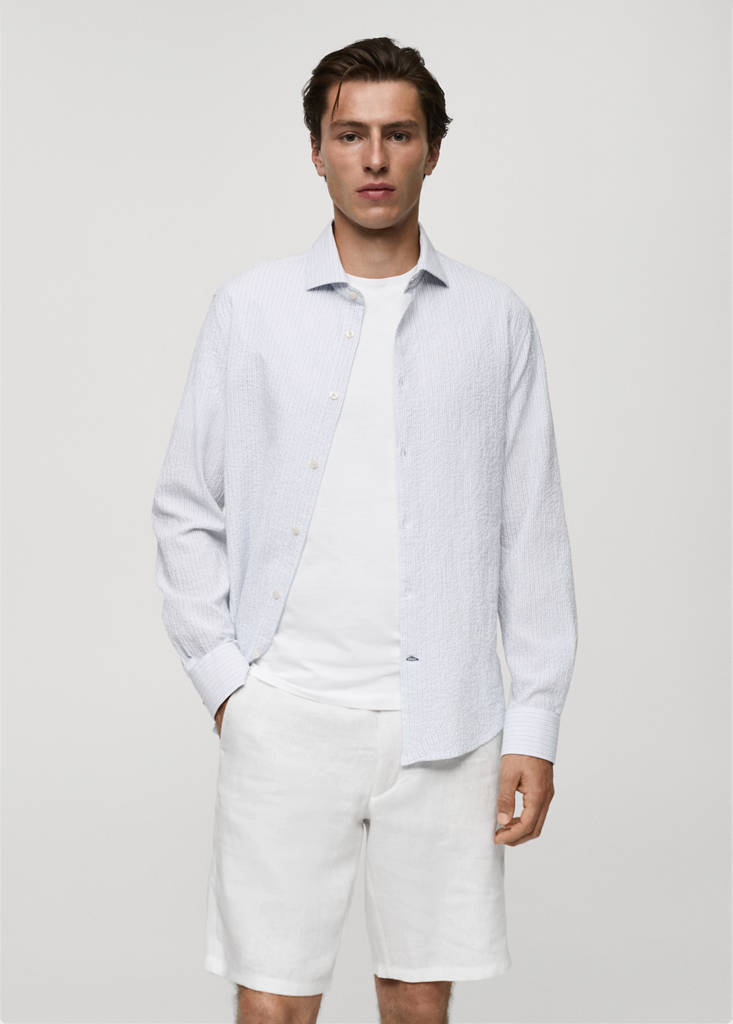 Regular-fit striped seersucker cotton shirt — White