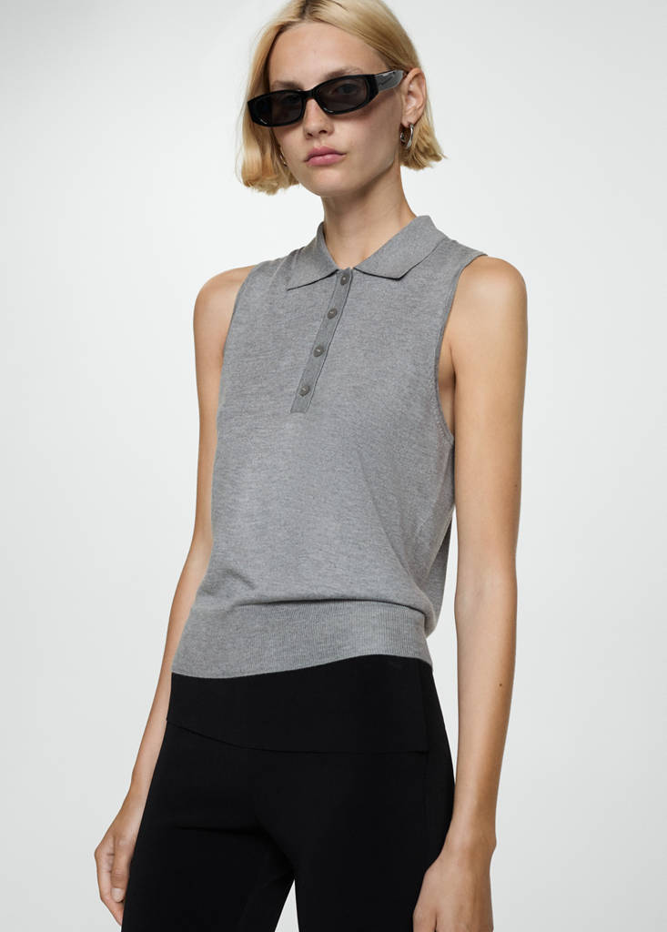 Fine-knit polo neck gilet — Medium Heather Grey
