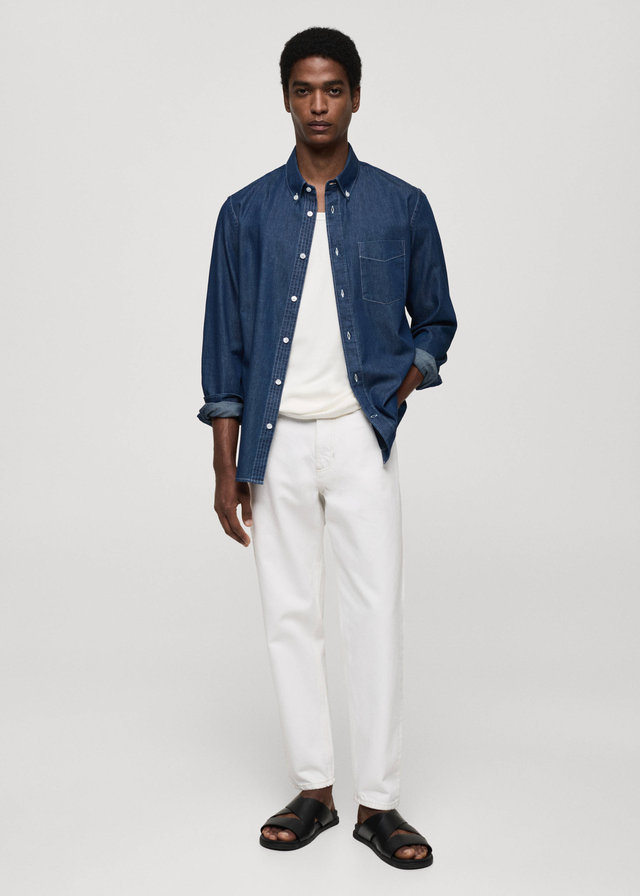 常规版型青年布棉质衬衫 - null