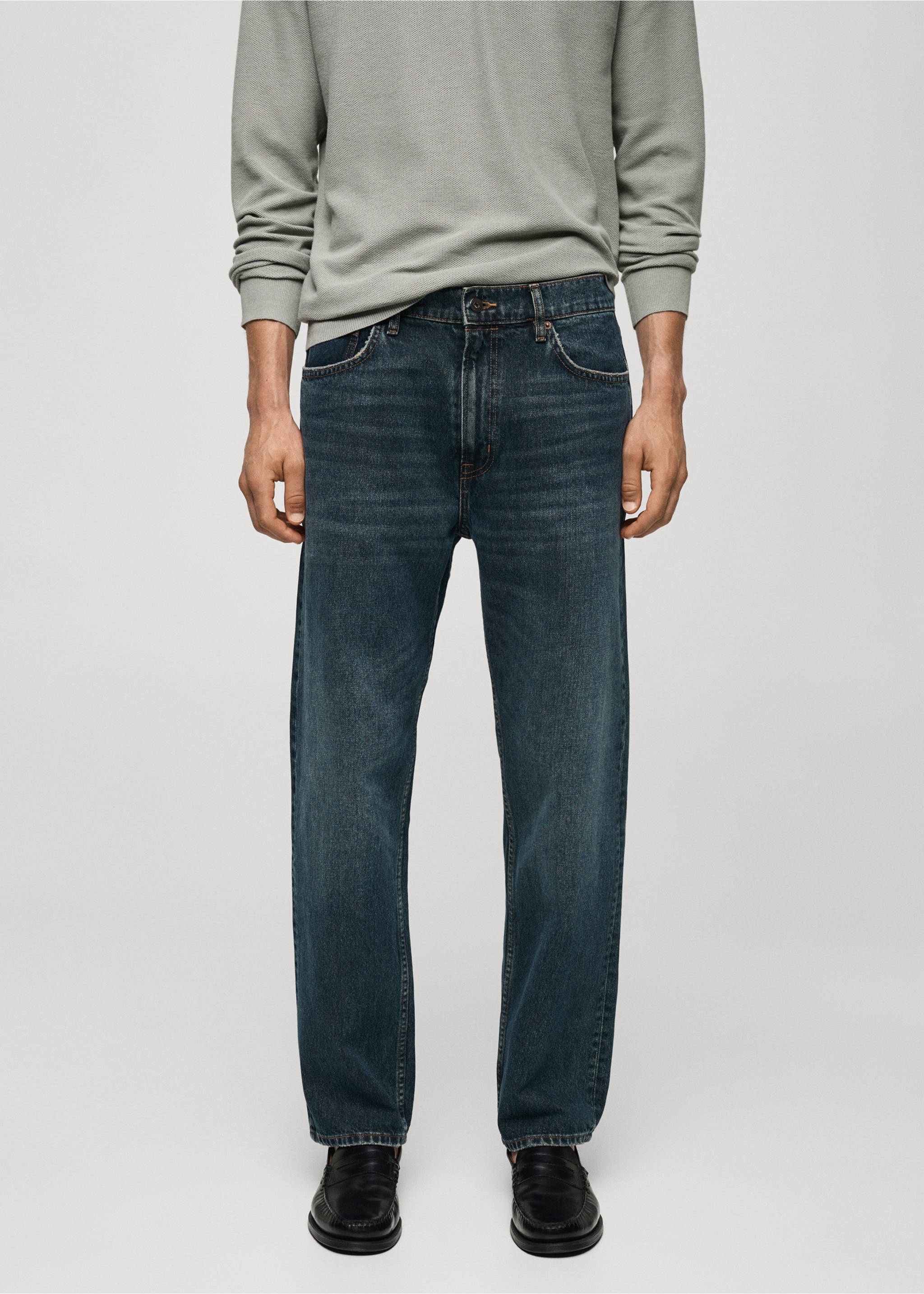 Jeans straight fit lavado oscuro desgastado - Plano medio, Verde menta. Ref: 77065149-00.