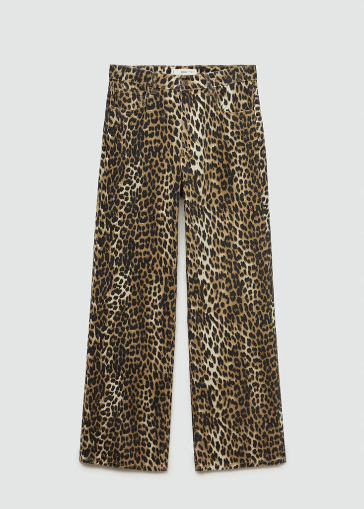 High-waisted straight-fit jeans with leopard print — Brown