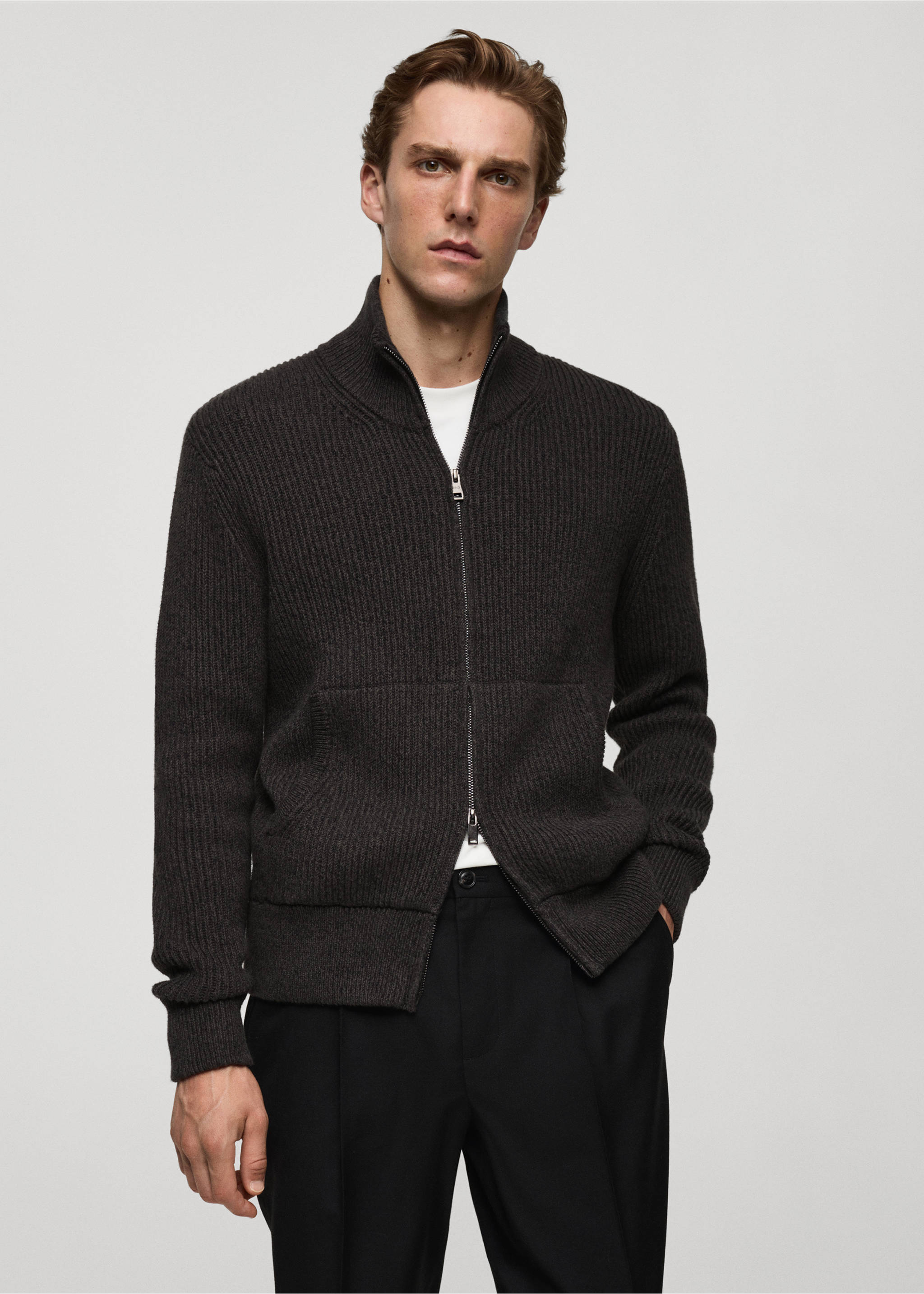 Chunky-knit ribbed sweater with zip - Medium plane, Charcoal. Ref: 77065975-00.