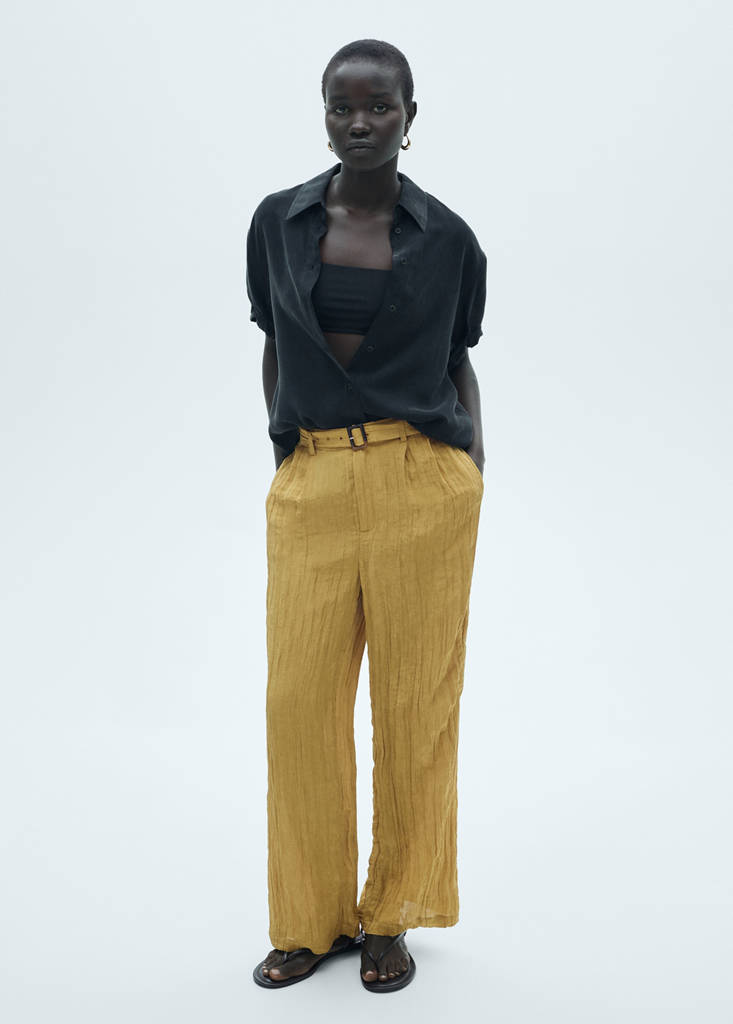 Textured trousers with belt — Mustard