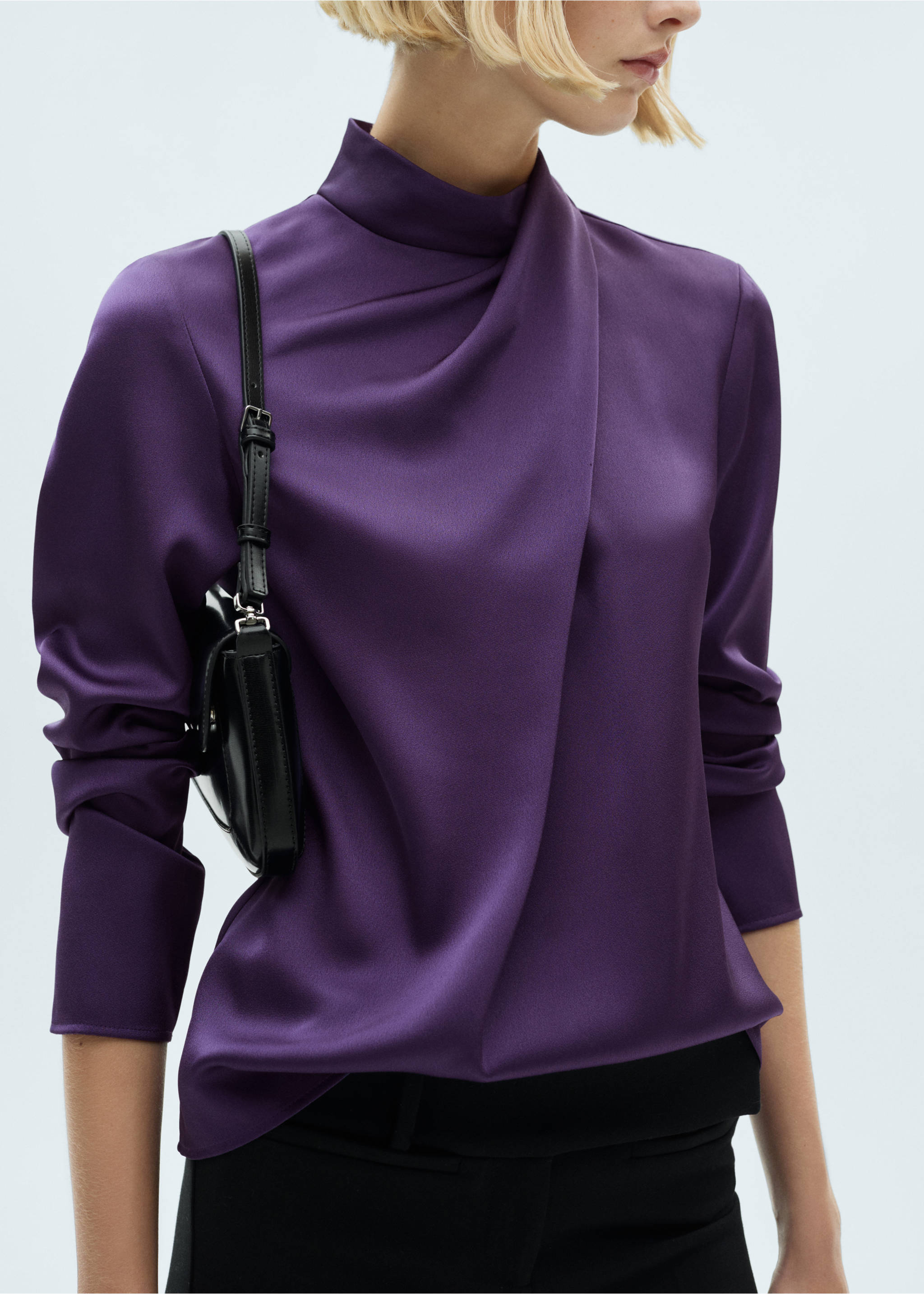 Turtleneck draped satin blouse - Medium plane, Purple. Ref: 77067715-00.